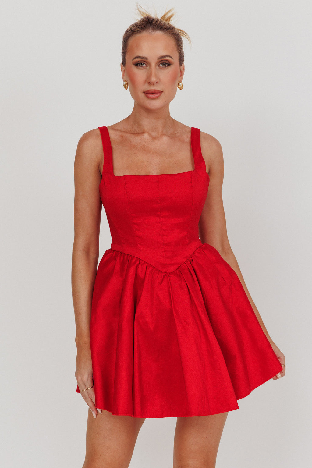 Found You Square Neck Flared Mini Dress Red by Selfie Leslie Australia