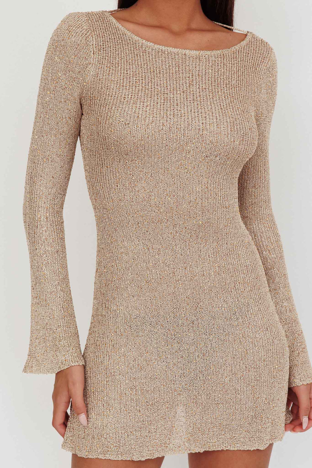 Cosmic Scoop Back Sequin Knit Mini Dress Gold by Selfie Leslie Australia