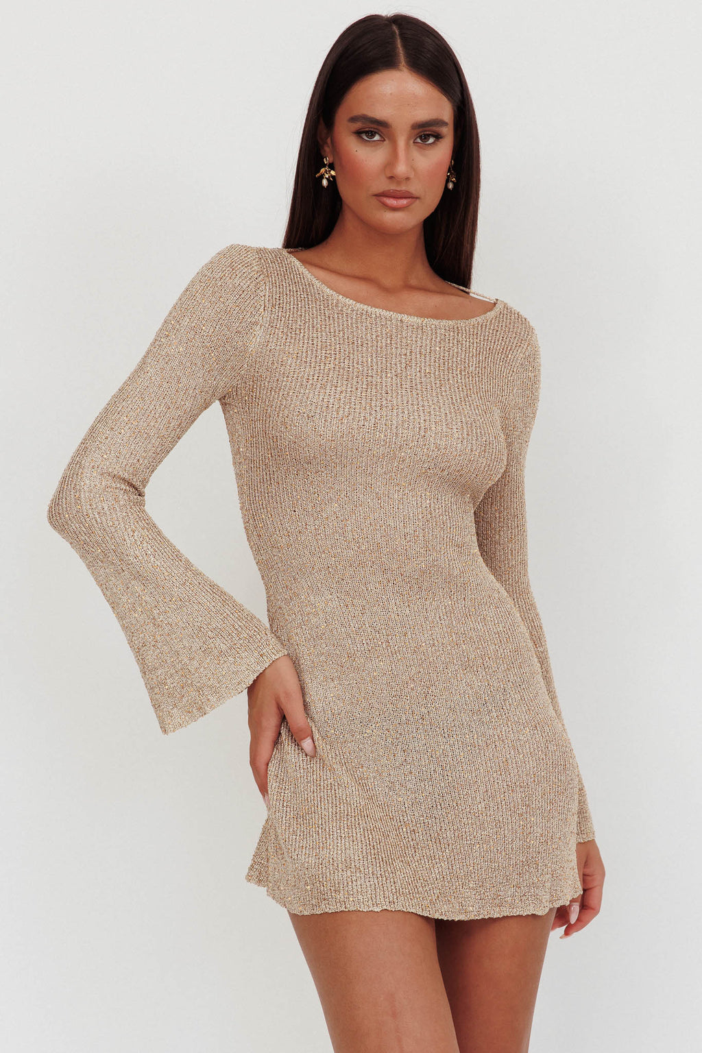 Cosmic Scoop Back Sequin Knit Mini Dress Gold by Selfie Leslie Australia
