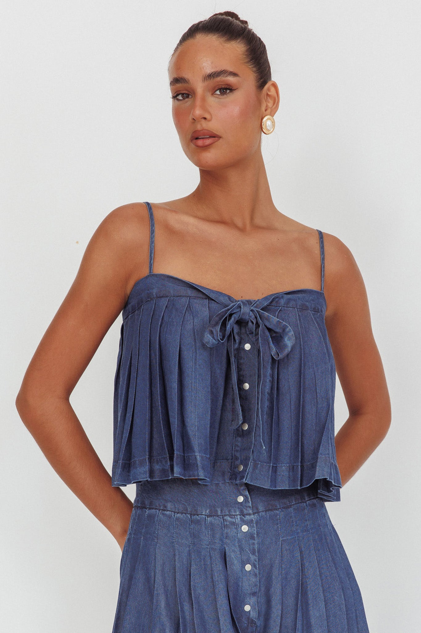 Country Girl Pleated Tie Top Dark Denim by Selfie Leslie Australia