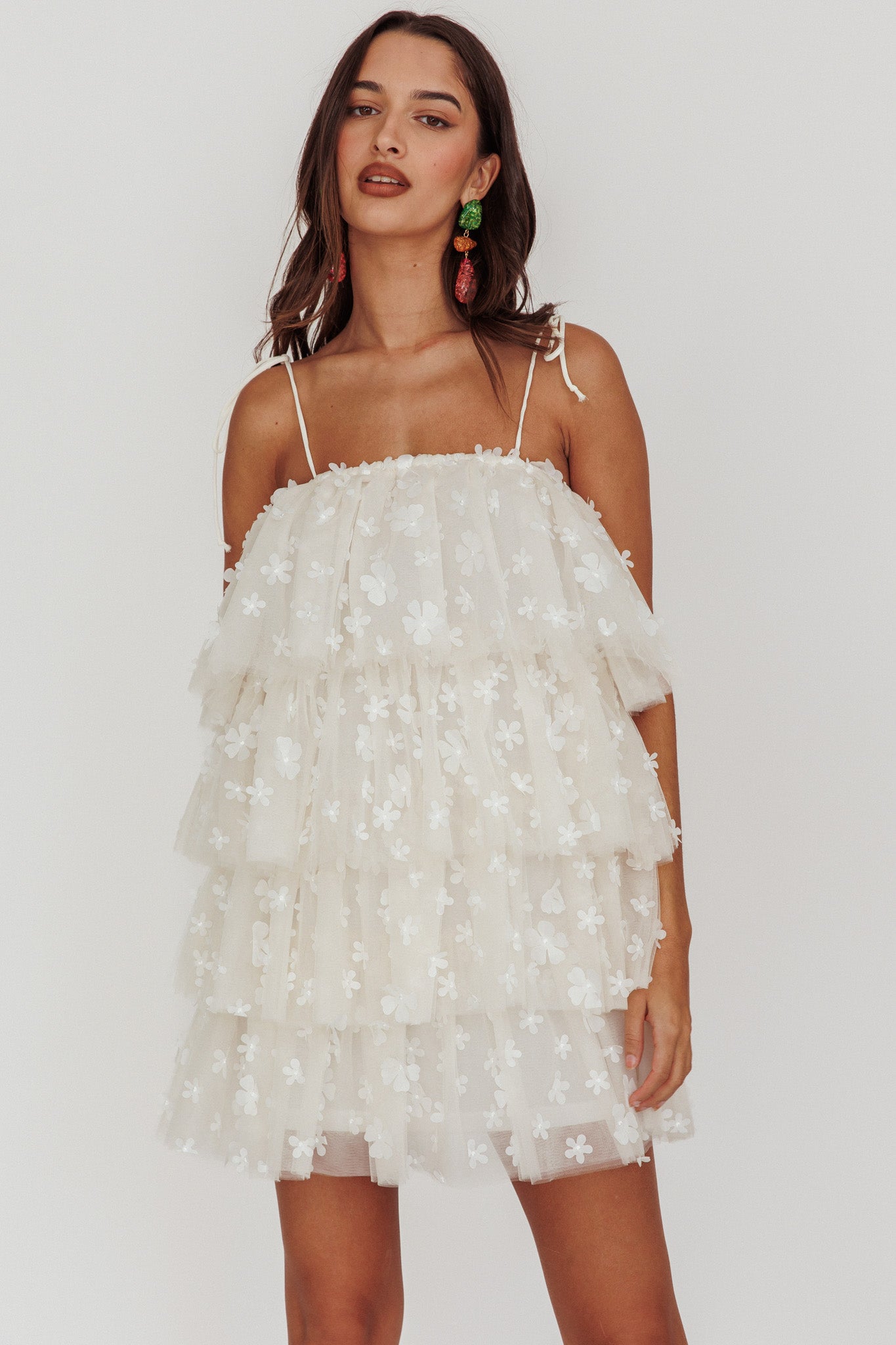 Tomorrow Tiered Ruffle Mini Dress Cream by Selfie Leslie Australia