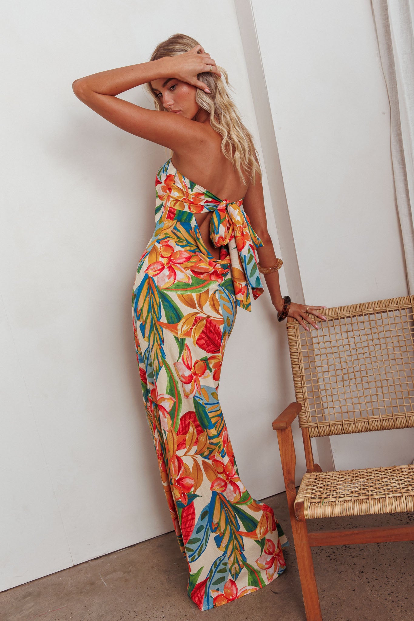 Bird Of Paradise Tied Cowl Back Maxi Dress Botanical by Selfie Leslie Australia