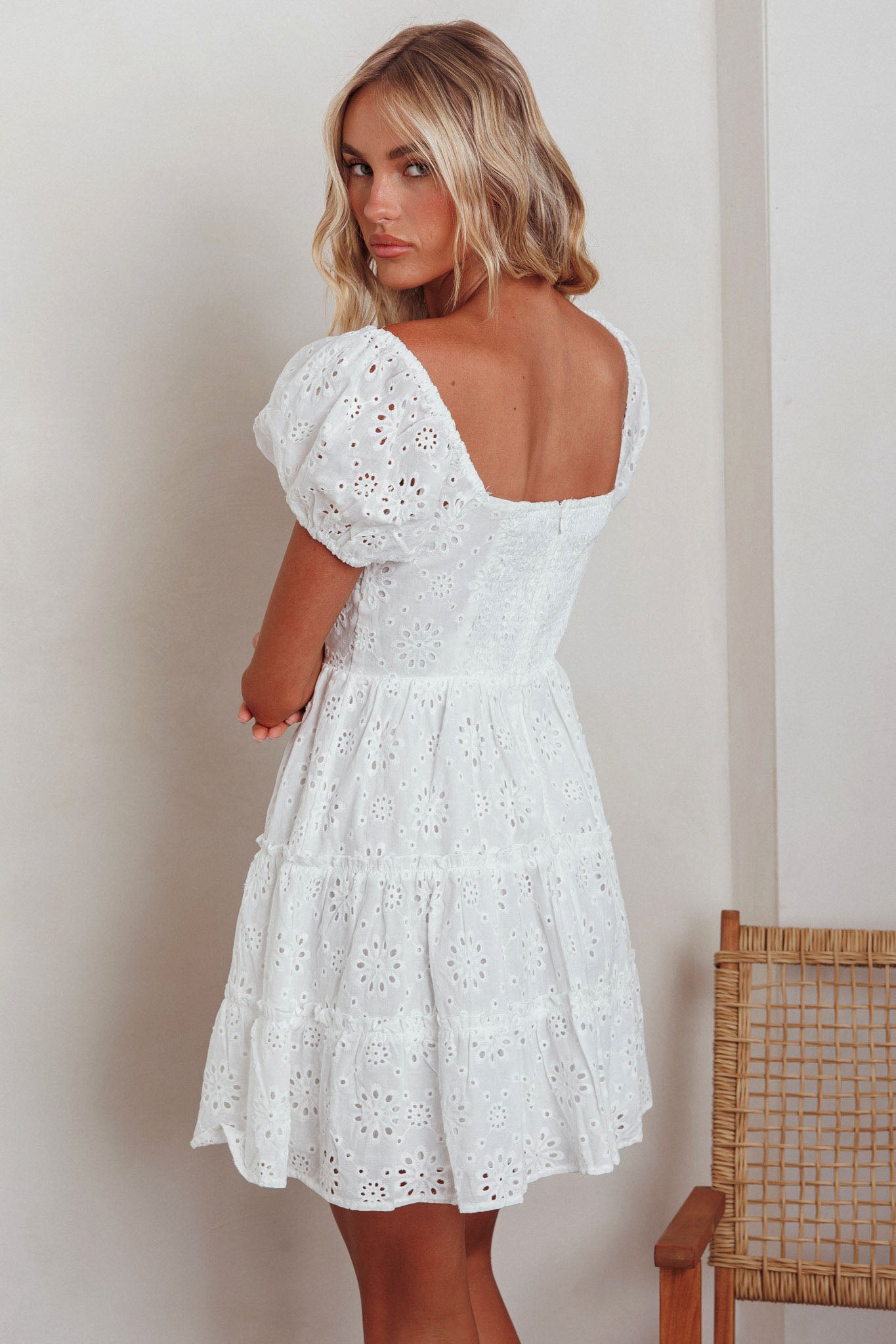 Home Sweet Home Eyelet Mini Dress White by Selfie Leslie Australia