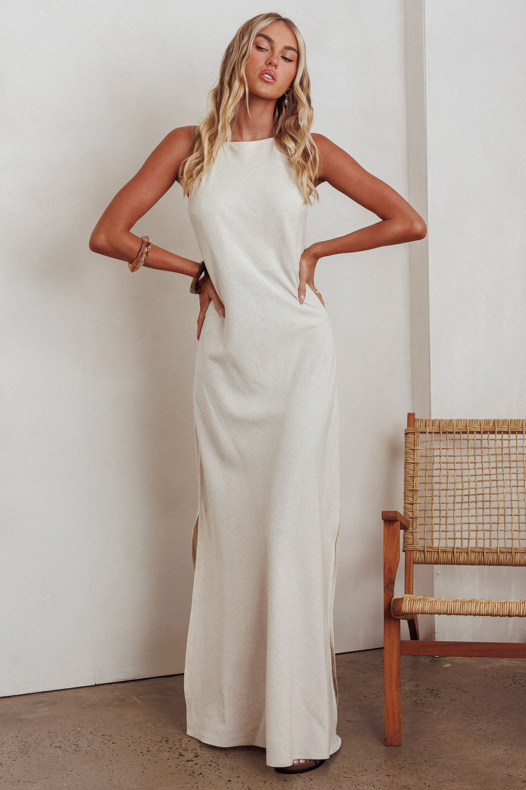 Gracie Halter Tied Back Maxi Dress Oatmeal by Selfie Leslie Australia