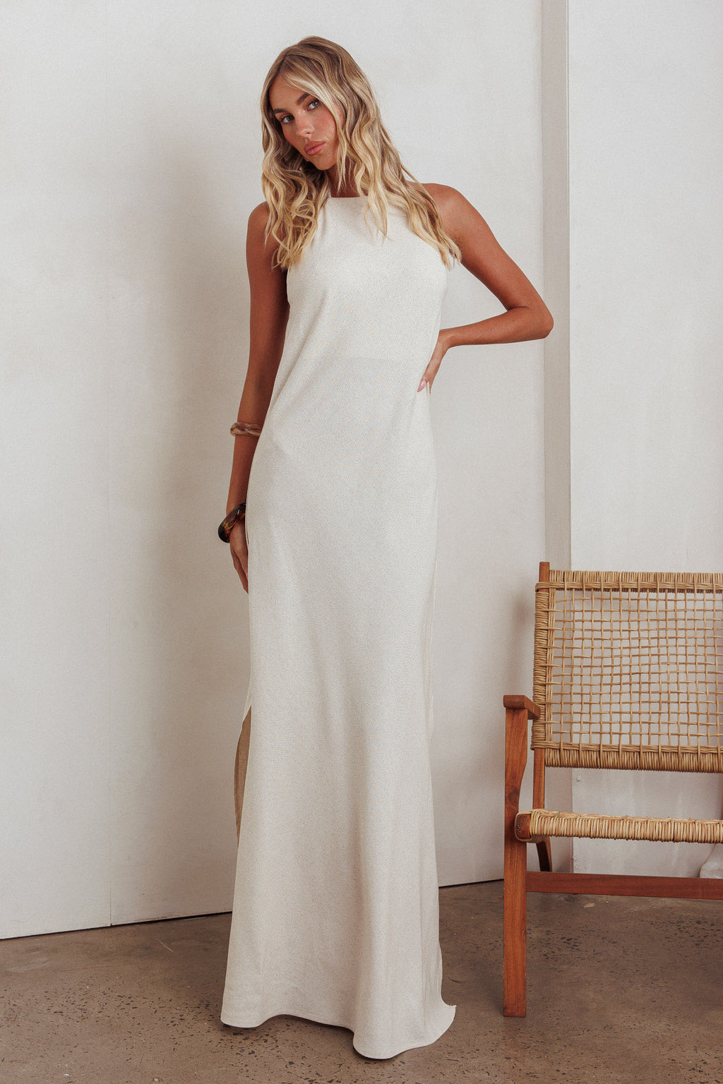 Gracie Halter Tied Back Maxi Dress Oatmeal by Selfie Leslie Australia