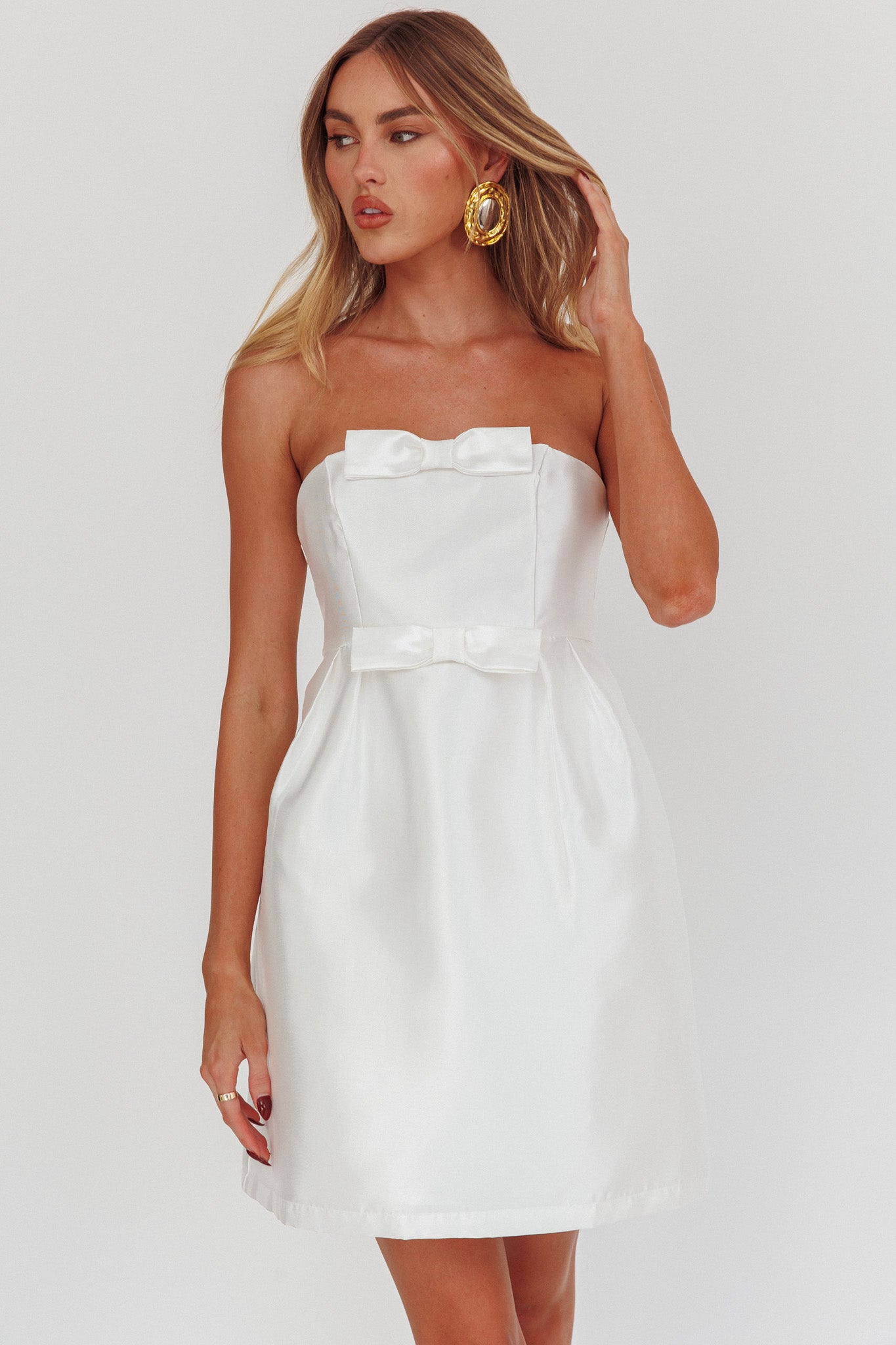 Waylon Double Bow Mini Dress Off White by Selfie Leslie Australia
