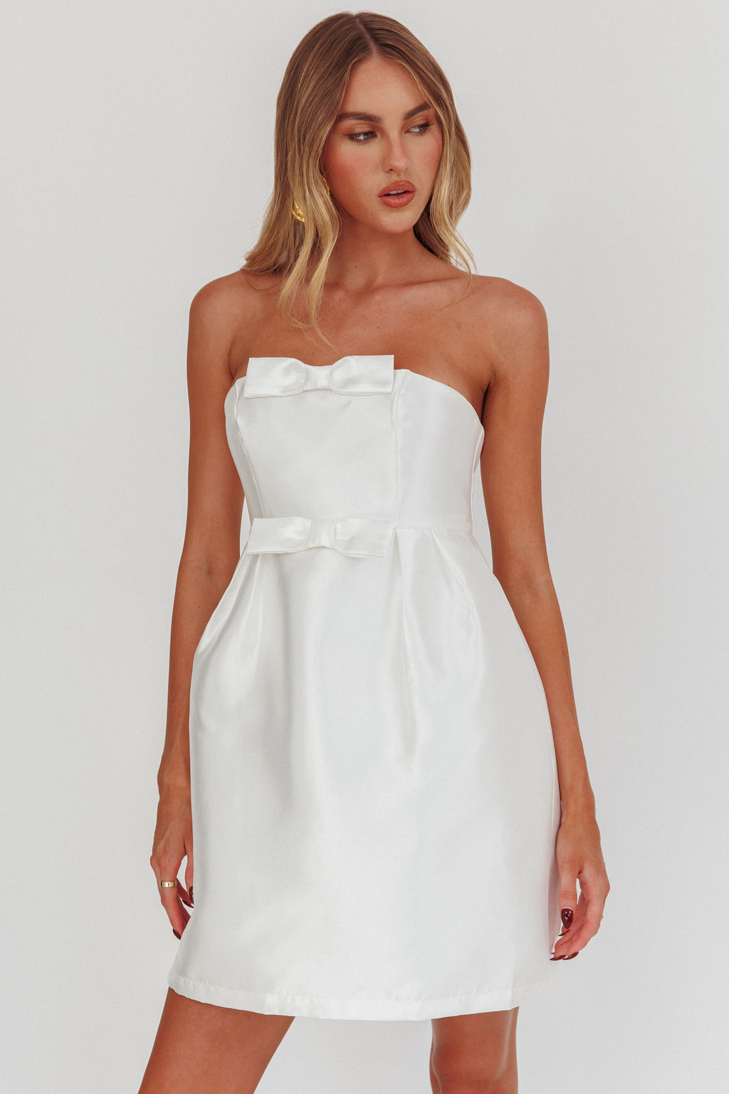 Waylon Double Bow Mini Dress Off White by Selfie Leslie Australia