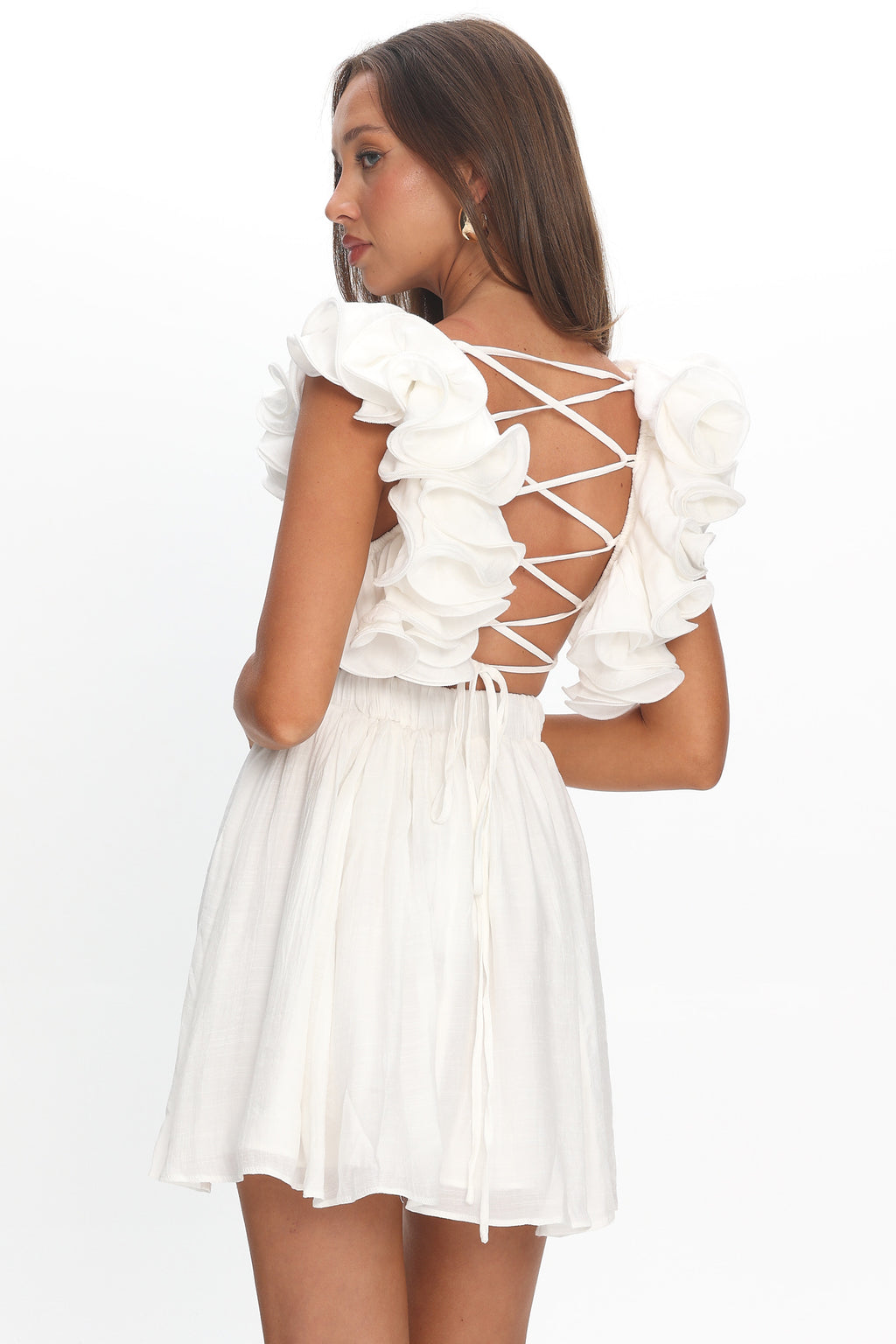 Adagio Lace-Up Back Mini Dress Off White by Selfie Leslie Australia