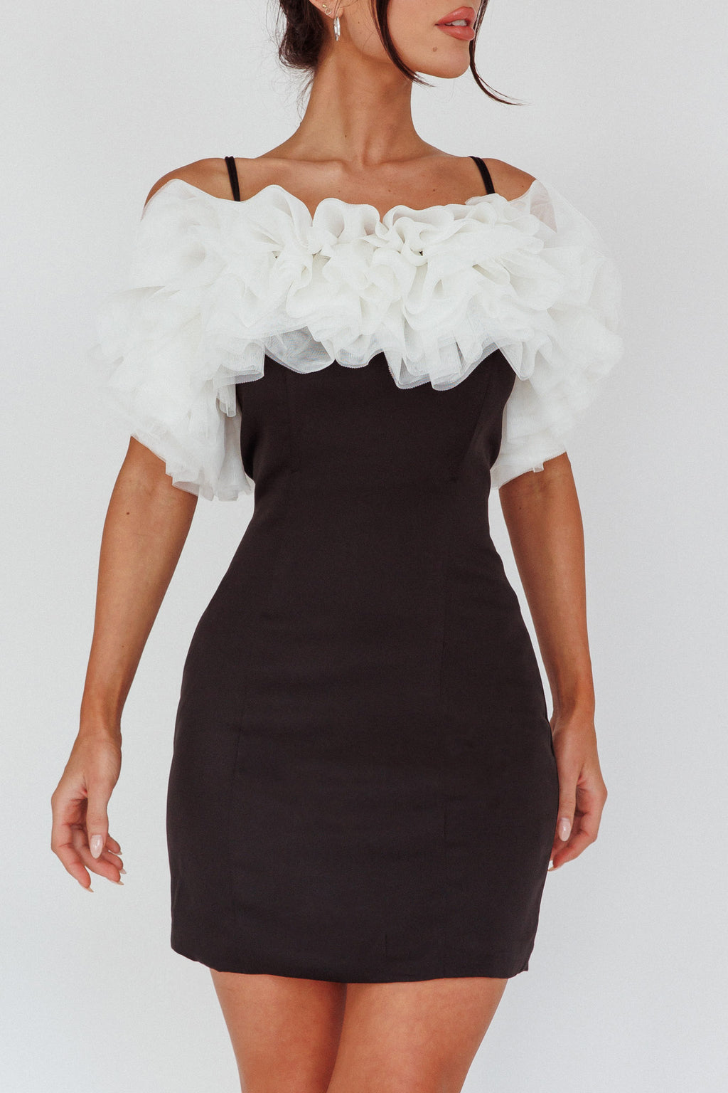 Prima Tulle Neckline Mini Dress Black/White by Selfie Leslie Australia