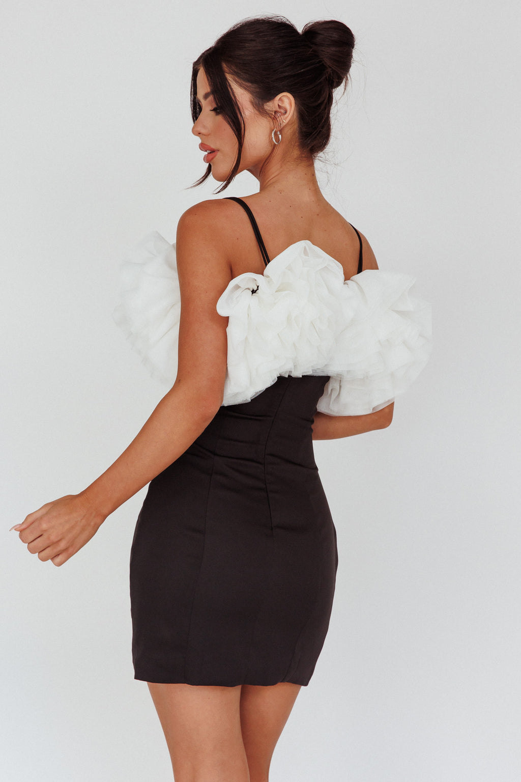 Prima Tulle Neckline Mini Dress Black/White by Selfie Leslie Australia