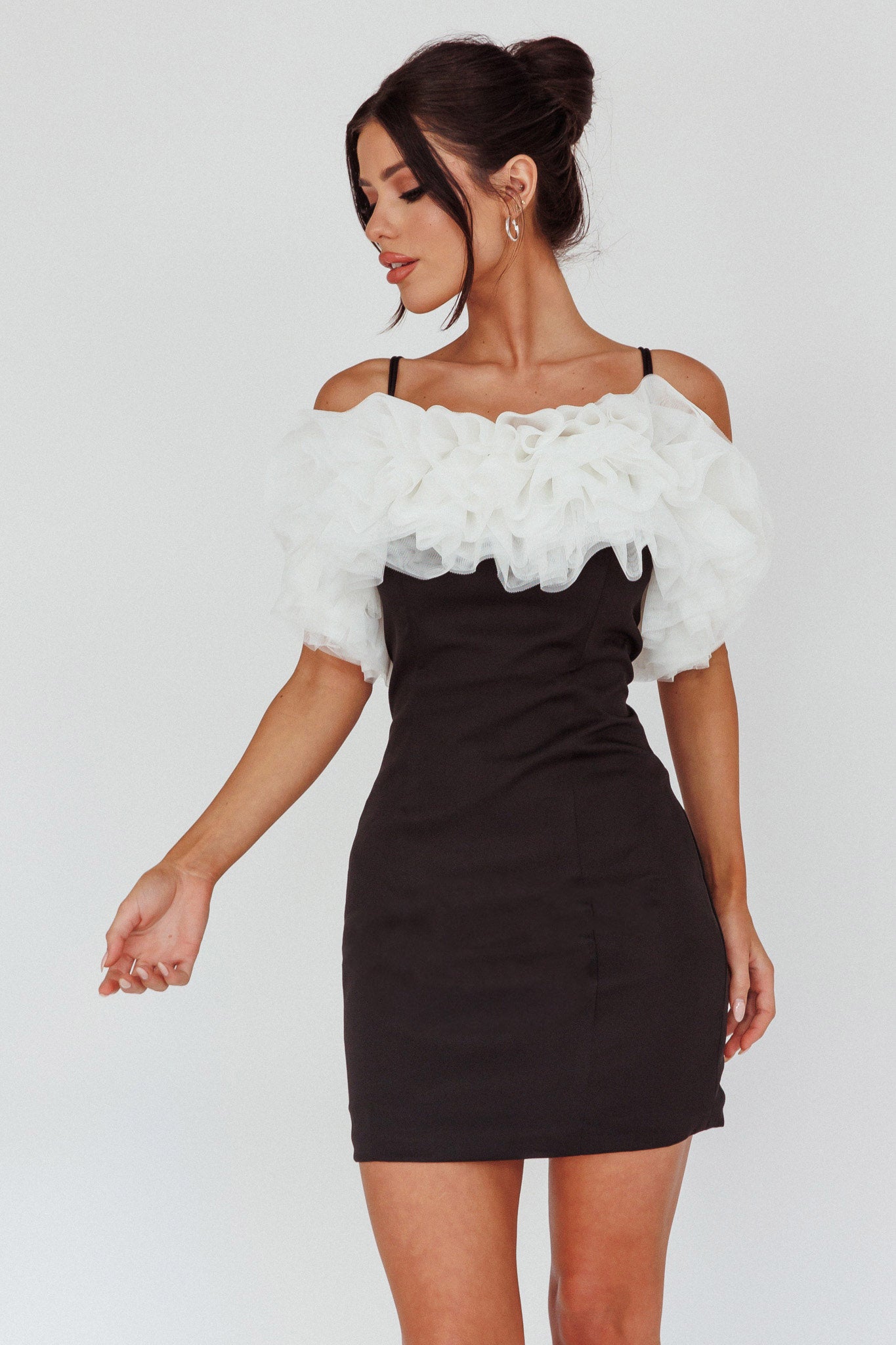Prima Tulle Neckline Mini Dress Black/White by Selfie Leslie Australia