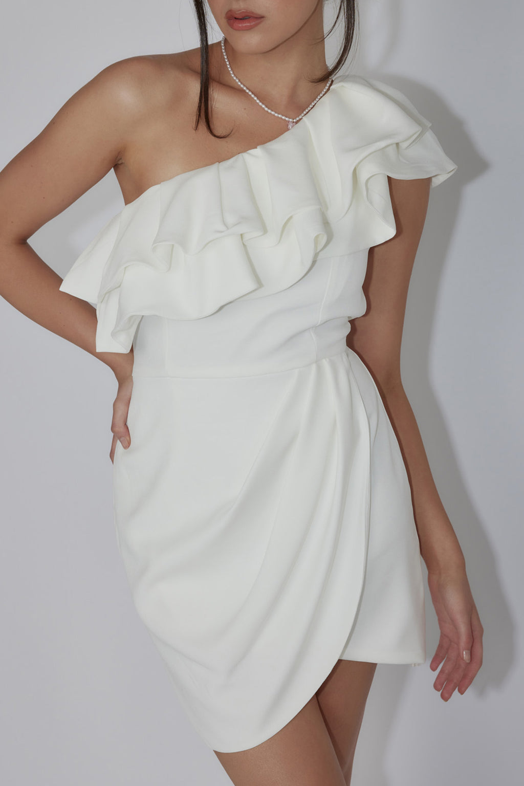 Midnight Star One-Shoulder Ruffle Mini Dress Off White by Selfie Leslie Australia