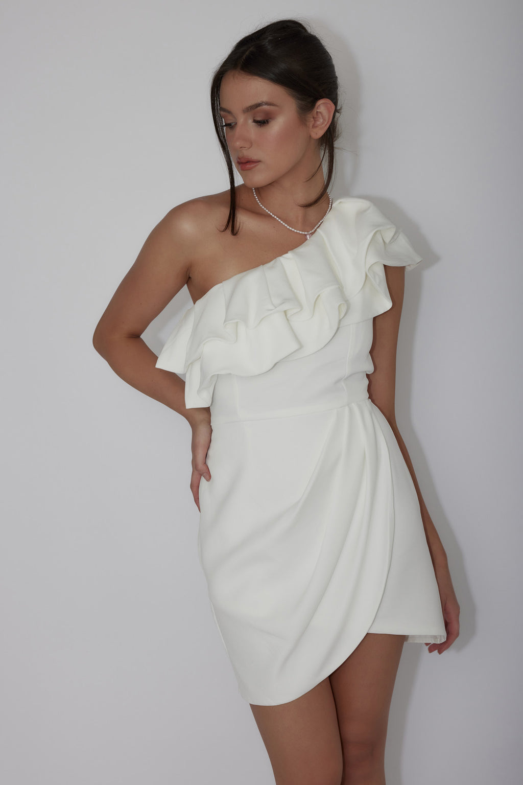 Midnight Star One-Shoulder Ruffle Mini Dress Off White by Selfie Leslie Australia