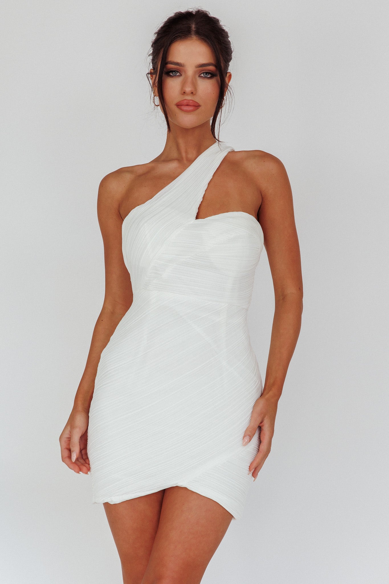 Meridith One Shoulder Accordion Pleat Mini Dress Off White by Selfie Leslie Australia