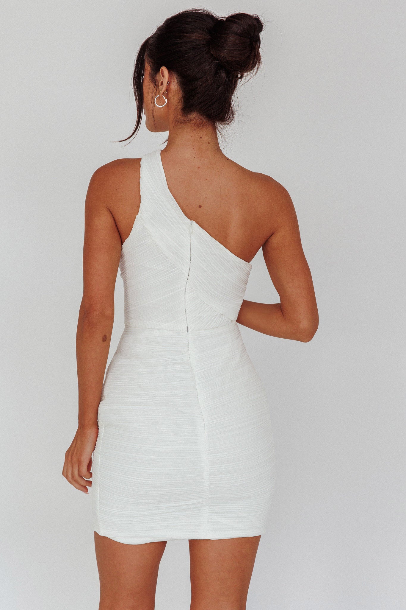 Meridith One Shoulder Accordion Pleat Mini Dress Off White by Selfie Leslie Australia