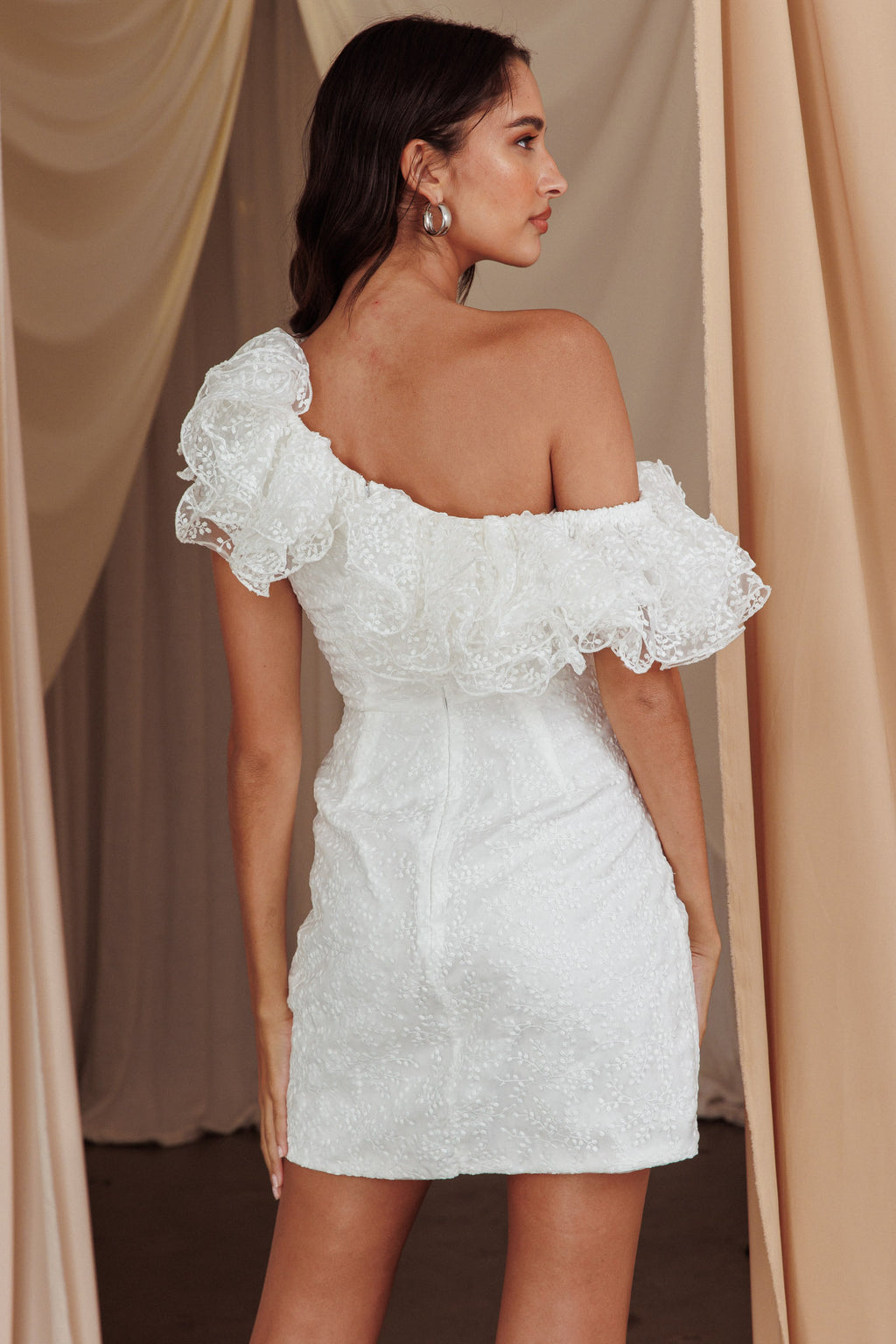 Hollyn One-Shoulder Ruffle Mini Dress White by Selfie Leslie Australia