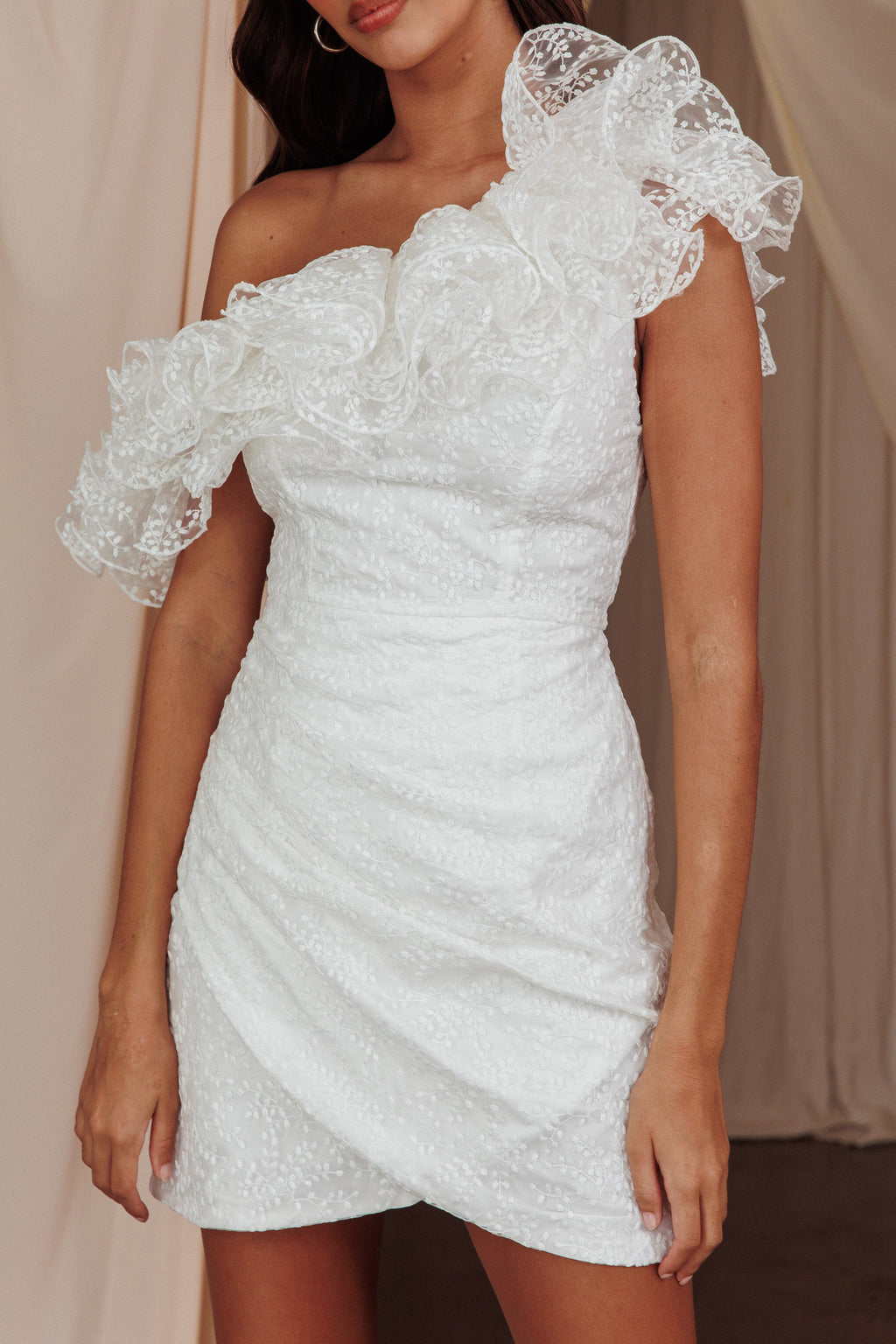 Hollyn One-Shoulder Ruffle Mini Dress White by Selfie Leslie Australia