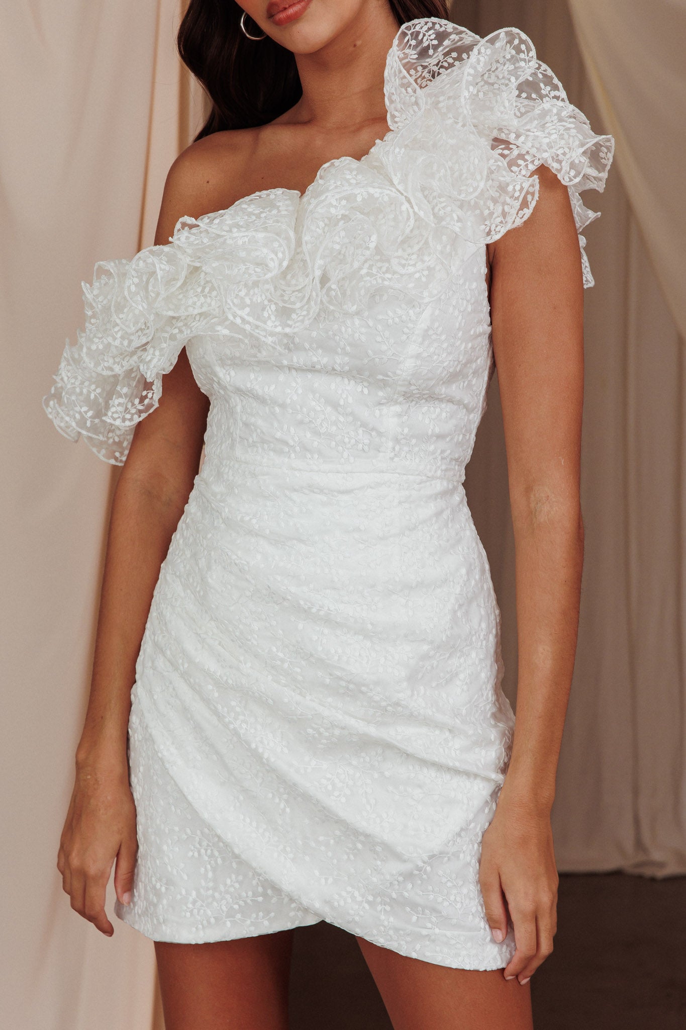 Hollyn One-Shoulder Ruffle Mini Dress White by Selfie Leslie Australia