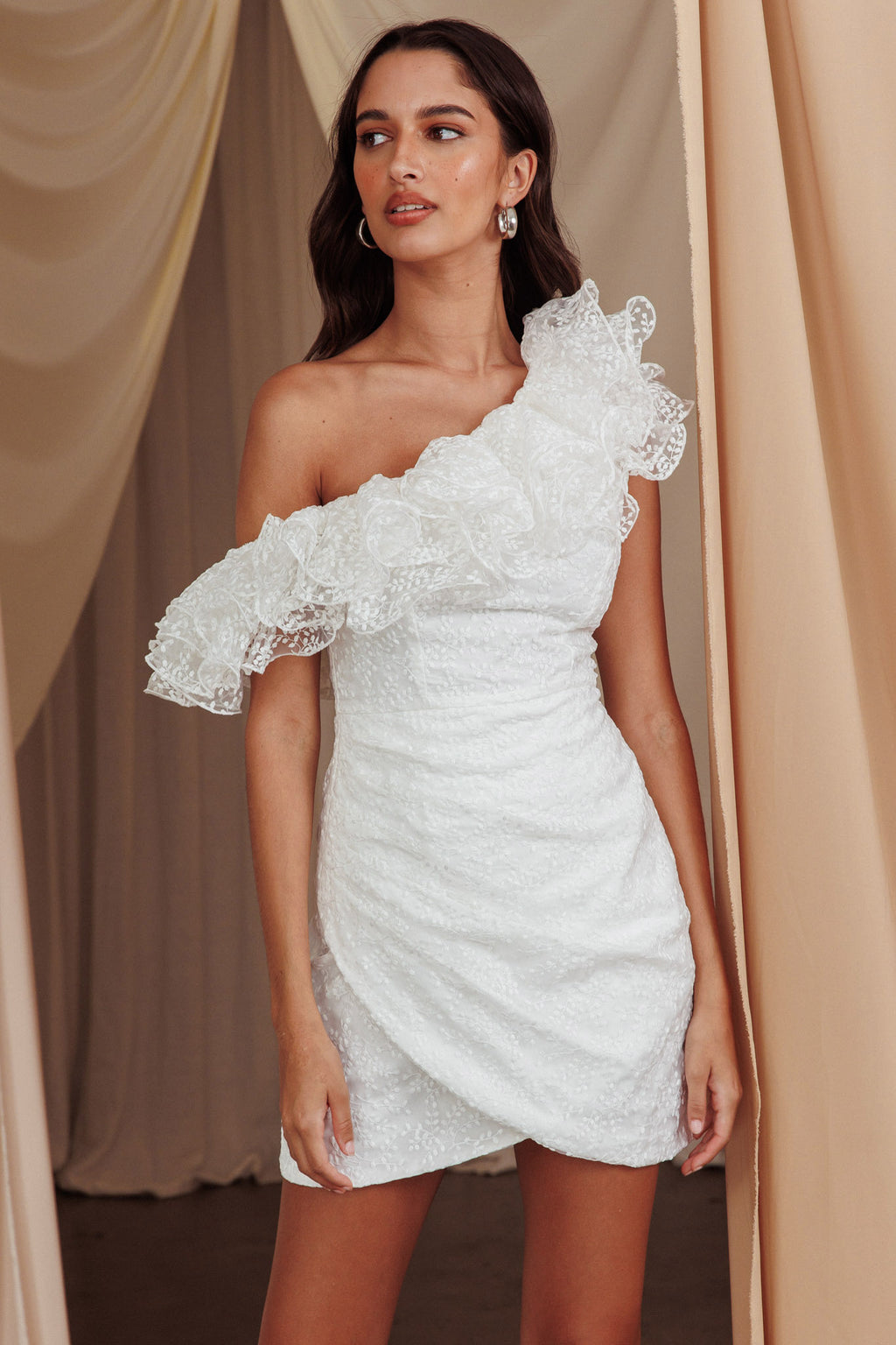 Hollyn One-Shoulder Ruffle Mini Dress White by Selfie Leslie Australia