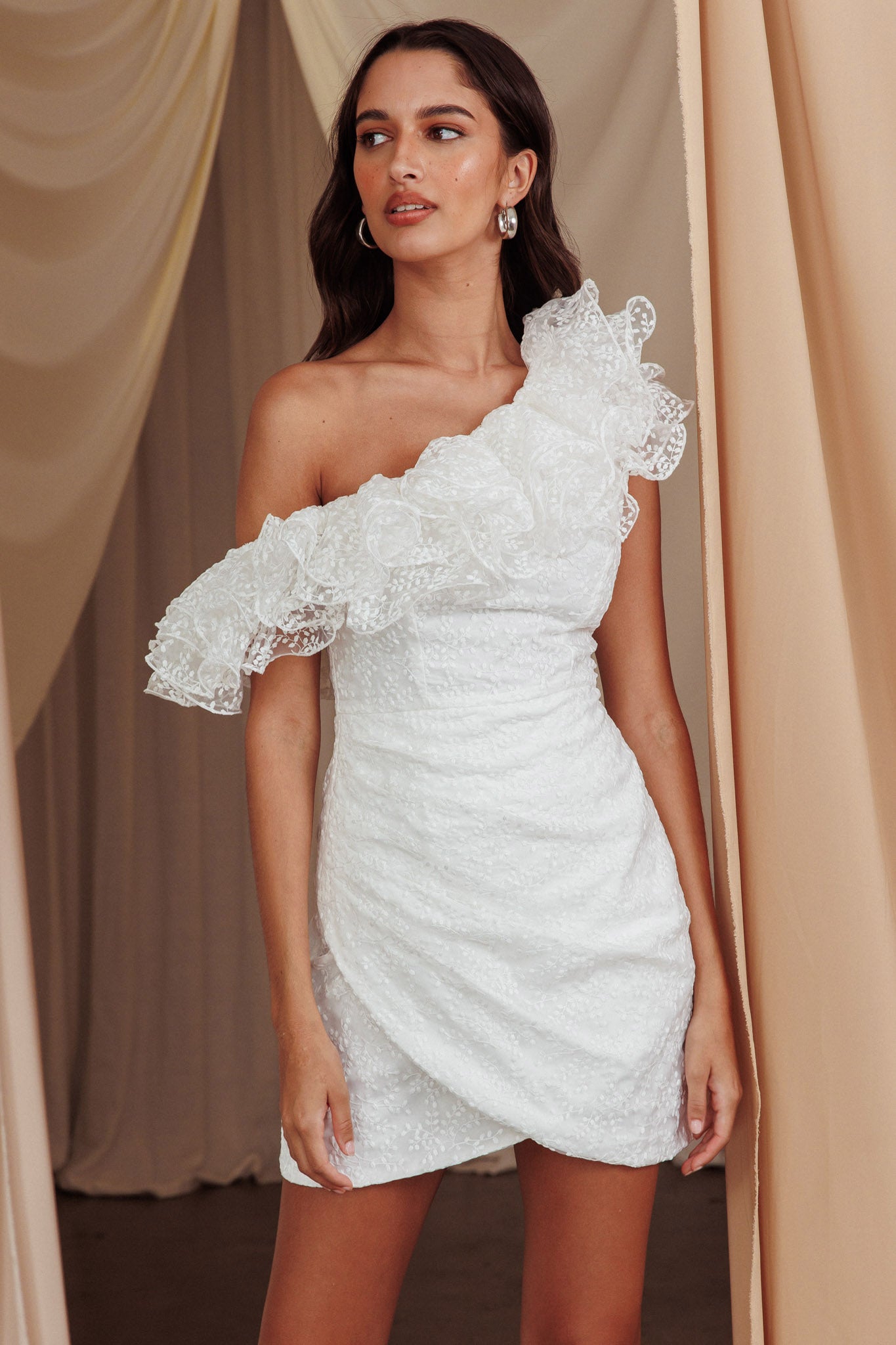 Hollyn One-Shoulder Ruffle Mini Dress White by Selfie Leslie Australia