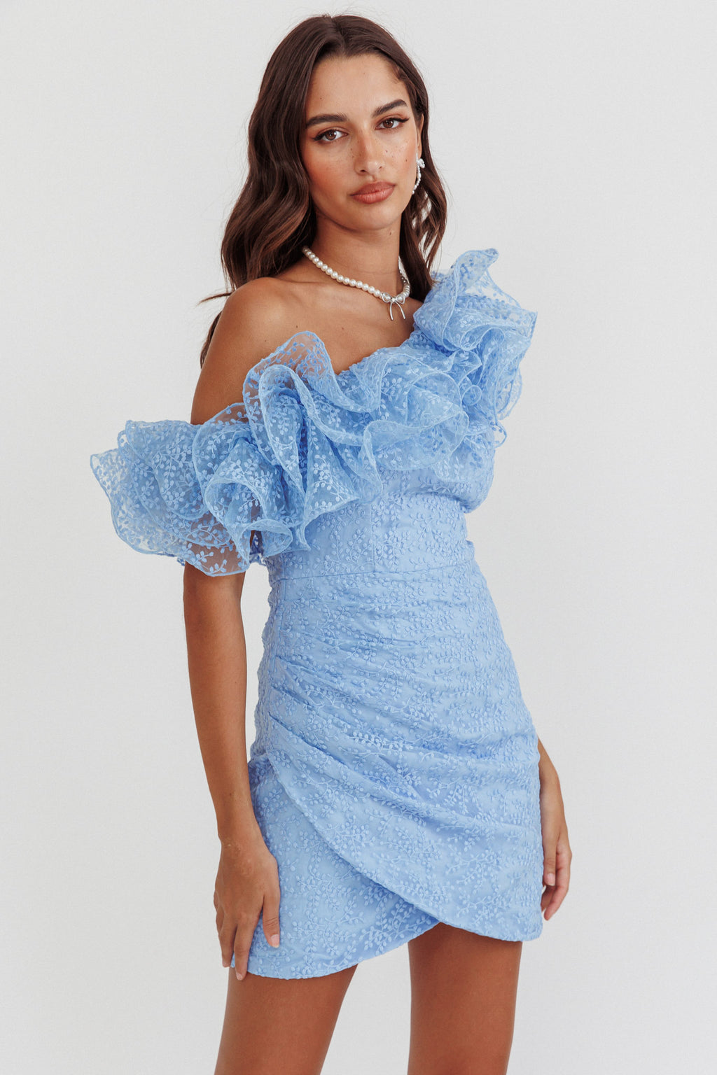 Hollyn One-Shoulder Ruffle Mini Dress Baby Blue by Selfie Leslie Australia