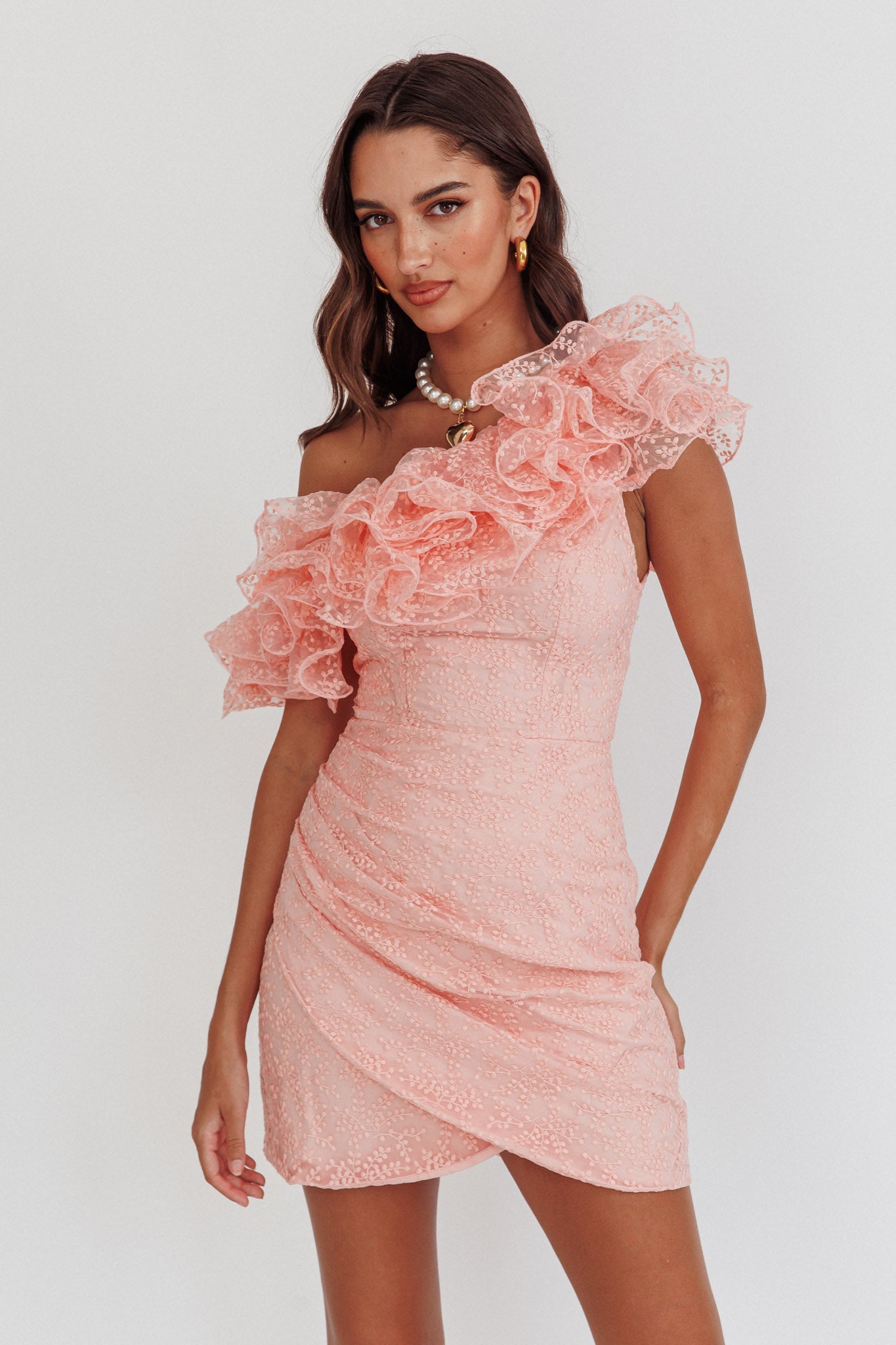 Hollyn One-Shoulder Ruffle Mini Dress Blush by Selfie Leslie Australia