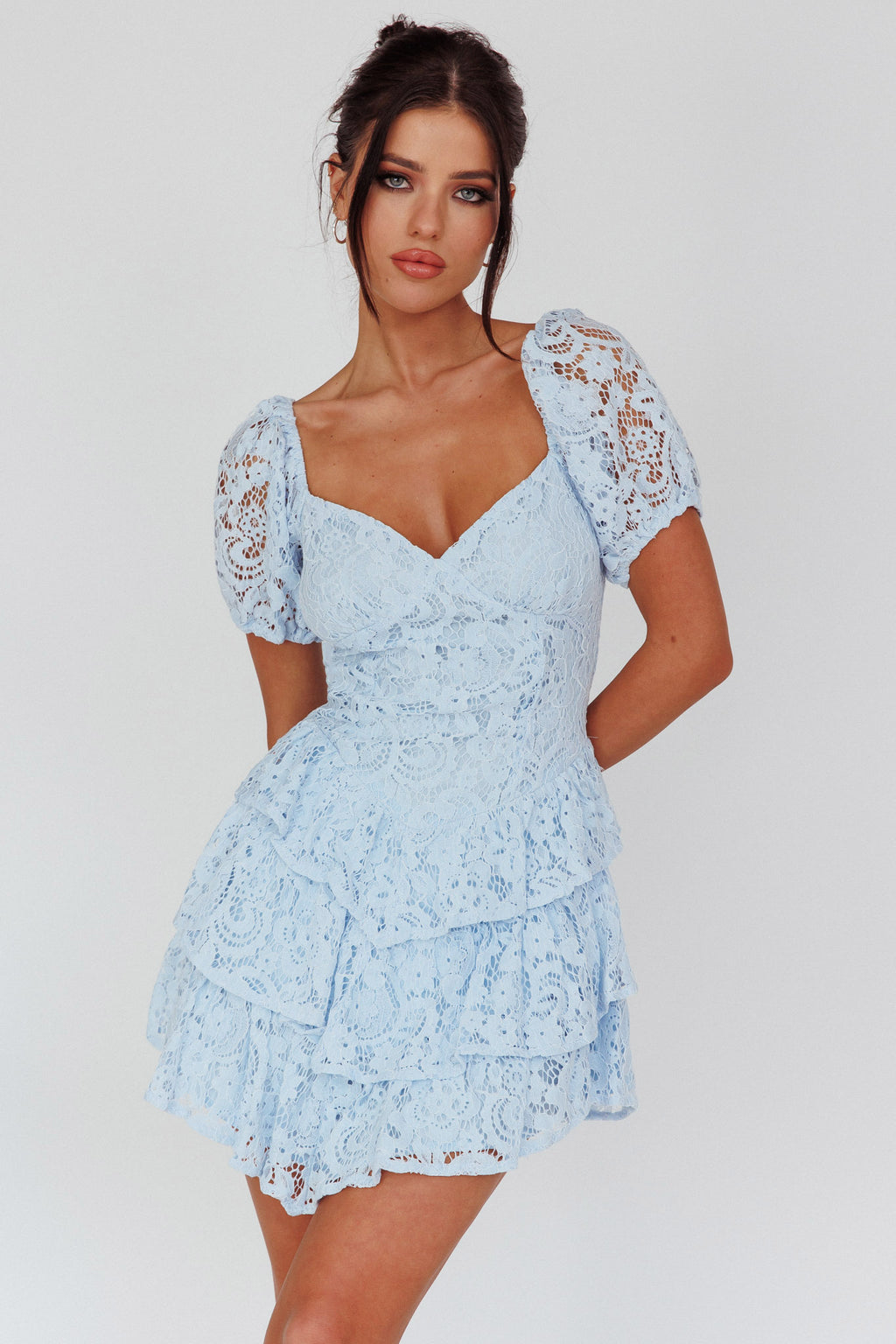 Tayah Tiered Lace Mini Dress Light Blue by Selfie Leslie Australia