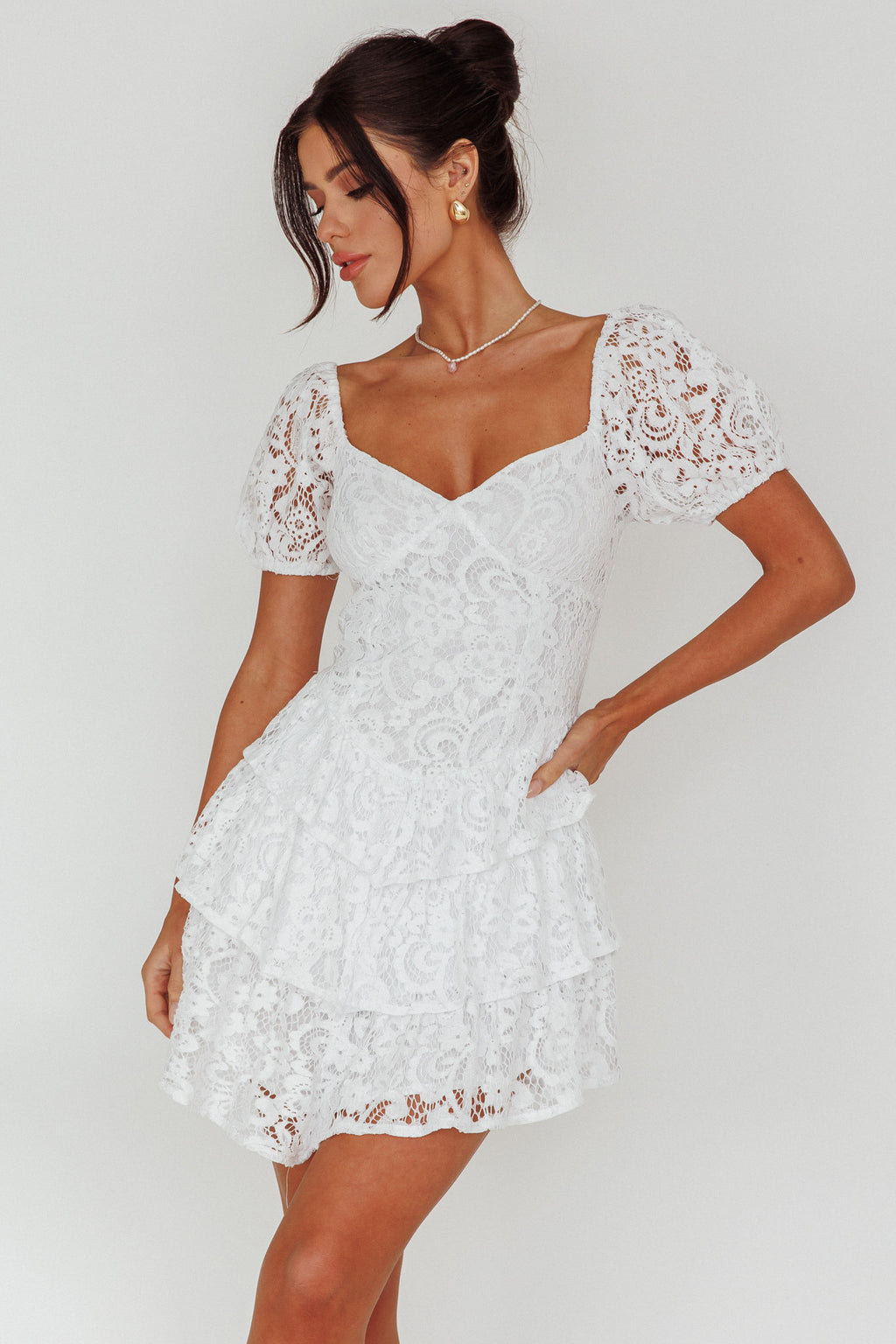 Tayah Tiered Lace Mini Dress Off White by Selfie Leslie Australia