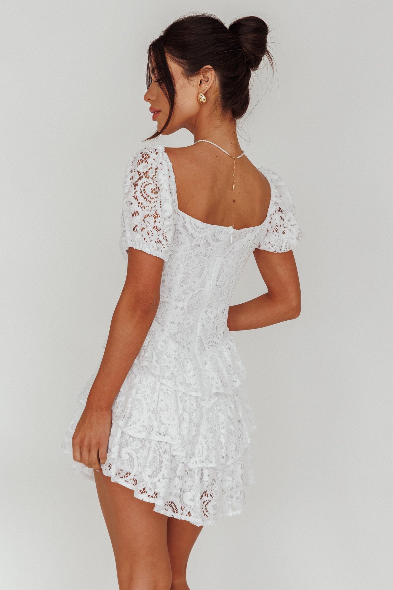 Tayah Tiered Lace Mini Dress Off White by Selfie Leslie Australia