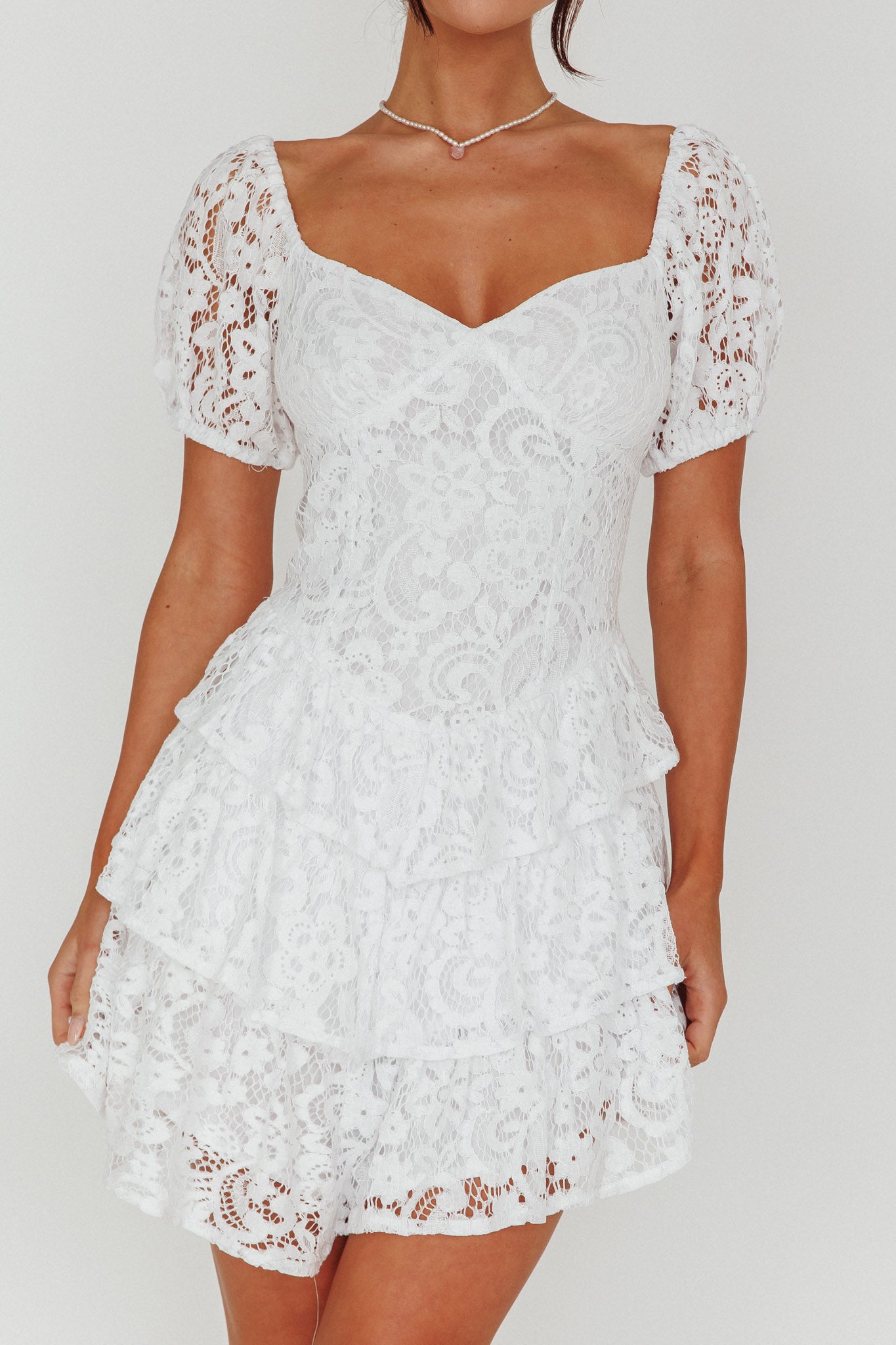 Tayah Tiered Lace Mini Dress Off White by Selfie Leslie Australia