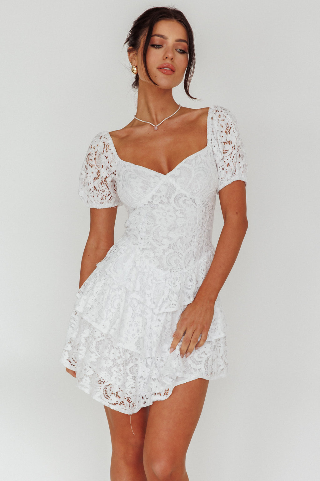 Tayah Tiered Lace Mini Dress Off White by Selfie Leslie Australia