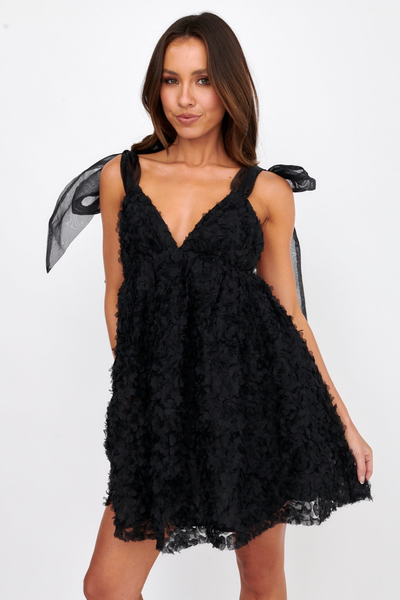 Lisette Tied Shoulder Embellished Mini Dress Black by Selfie Leslie Australia