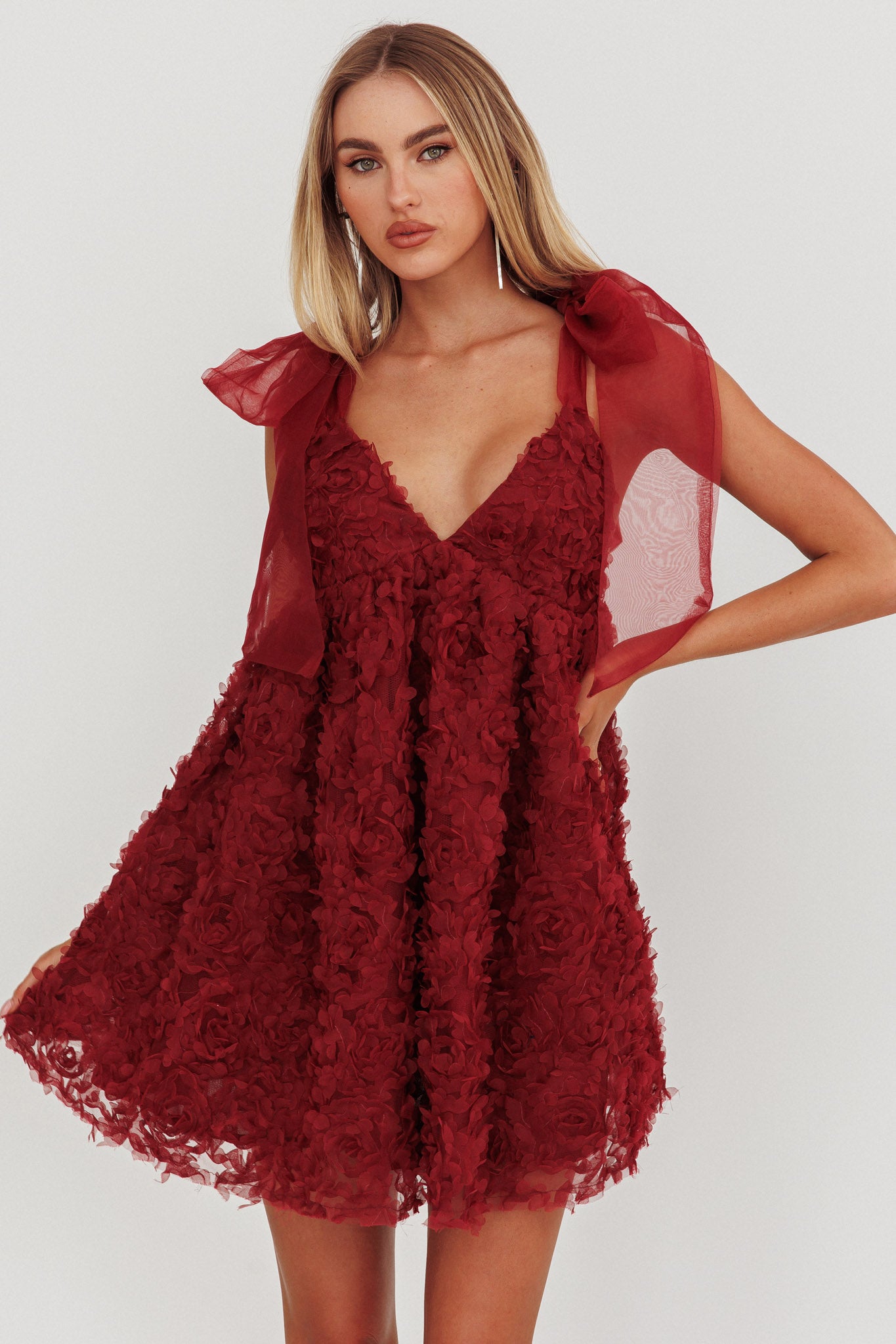 Lisette Tied Shoulder Embellished Mini Dress Wine by Selfie Leslie Australia