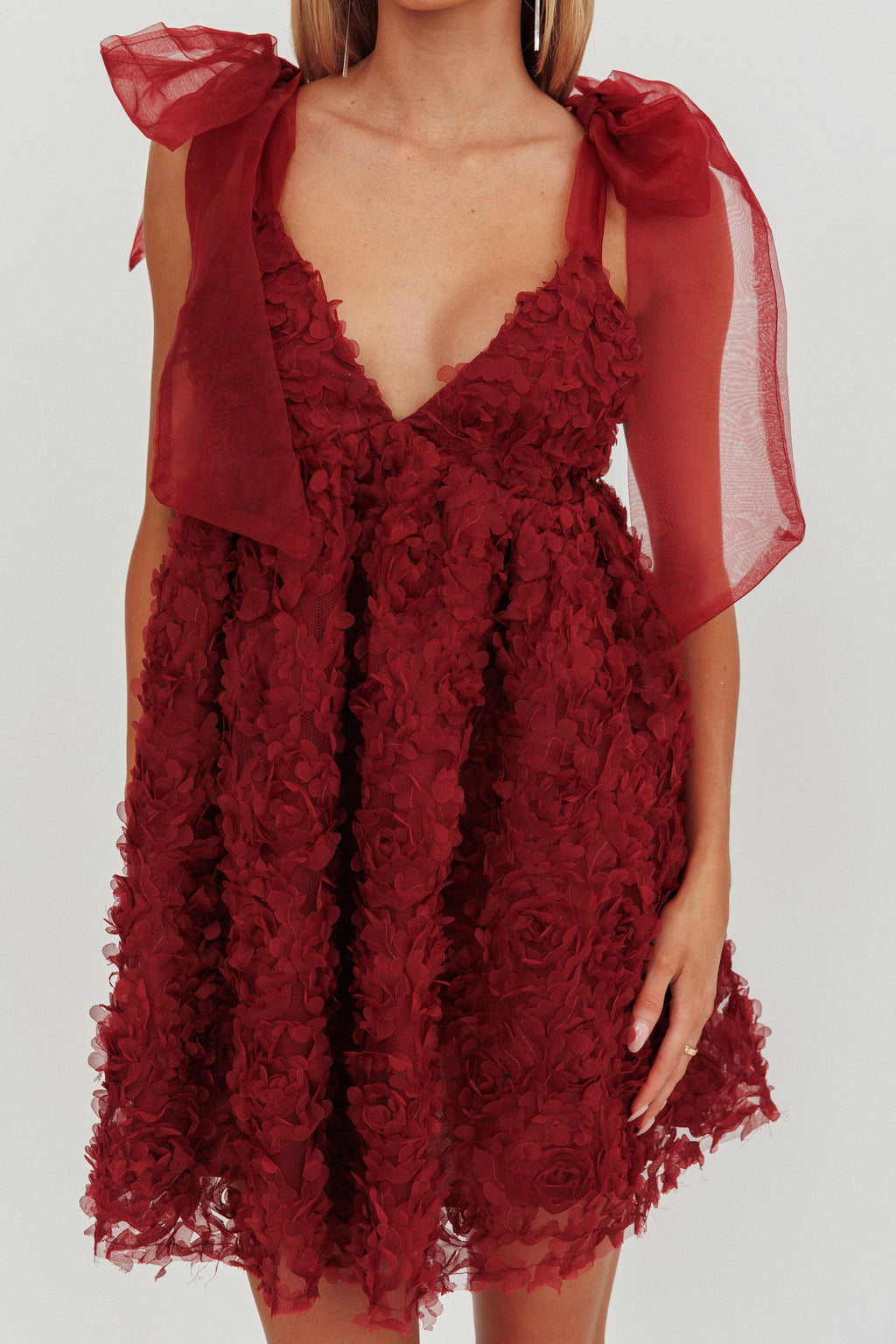 Lisette Tied Shoulder Embellished Mini Dress Wine by Selfie Leslie Australia