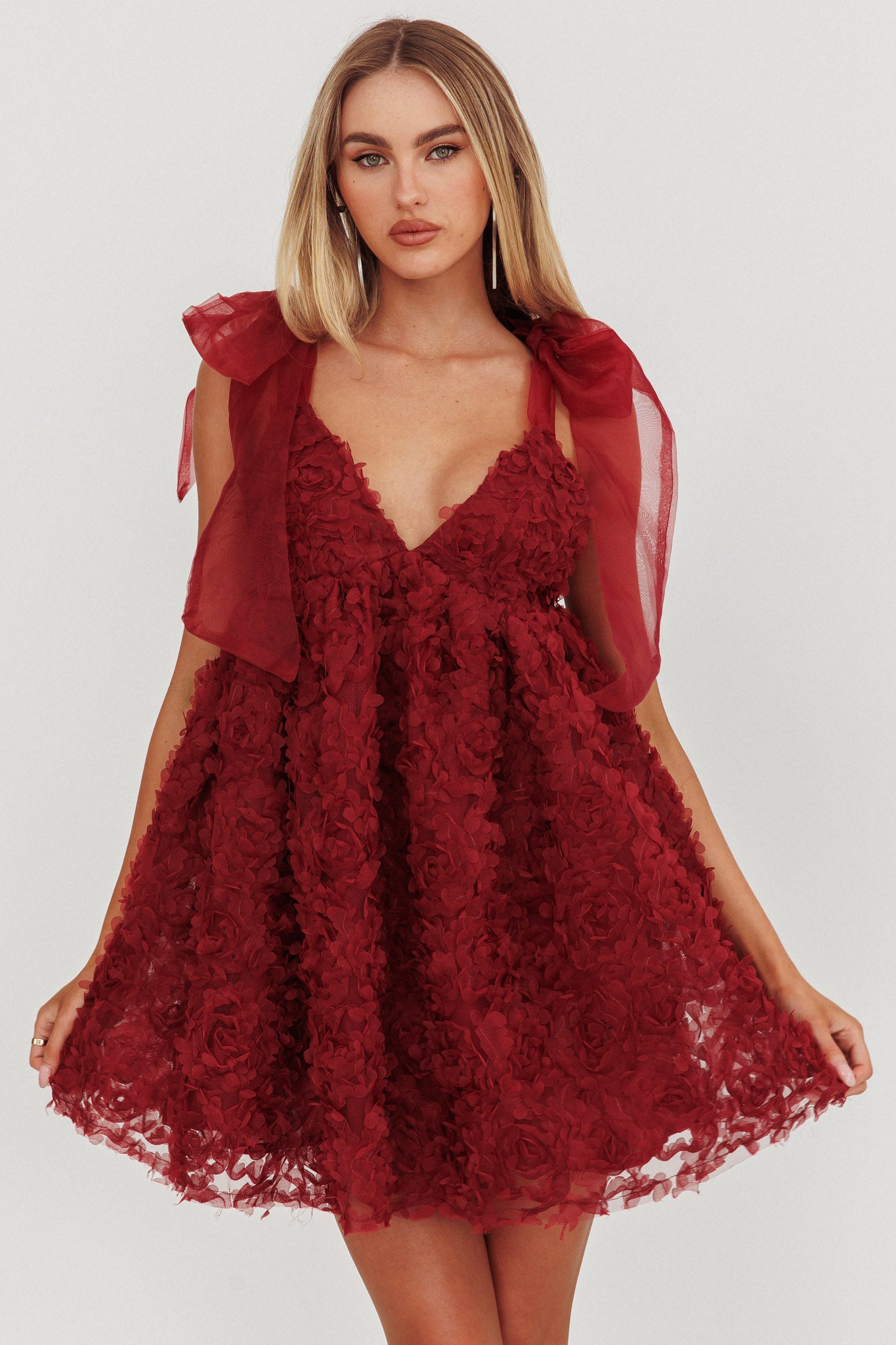 Lisette Tied Shoulder Embellished Mini Dress Wine by Selfie Leslie Australia