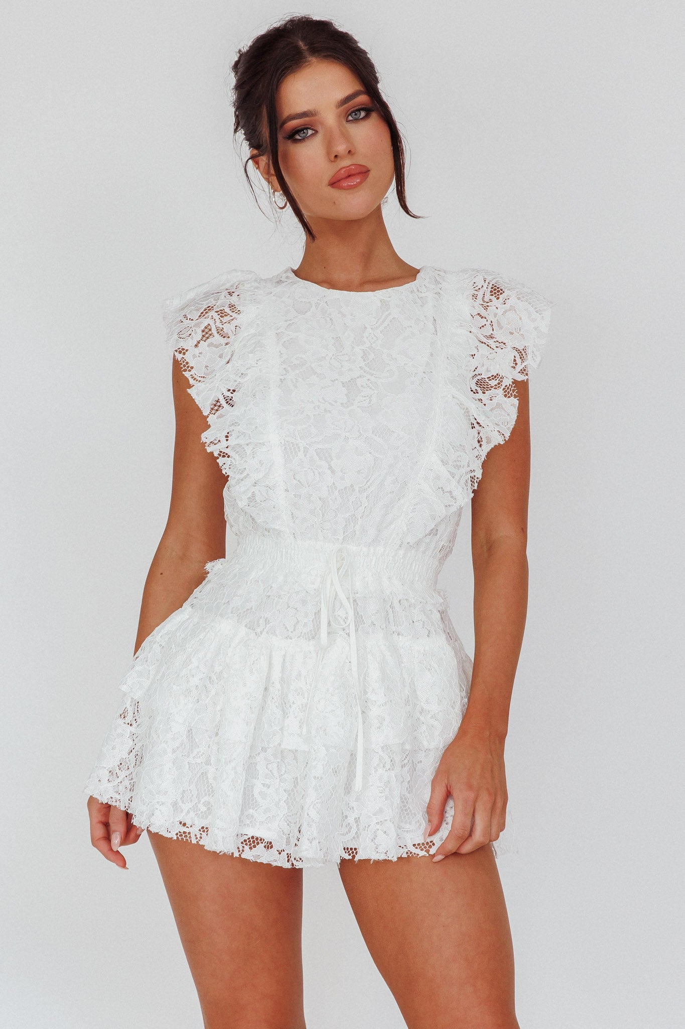 Sevila Sleeveless Lace Mini Dress White by Selfie Leslie Australia
