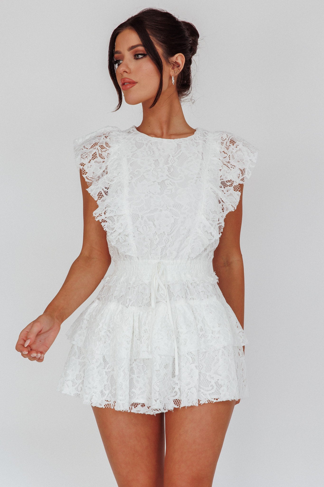 Sevila Sleeveless Lace Mini Dress White by Selfie Leslie Australia