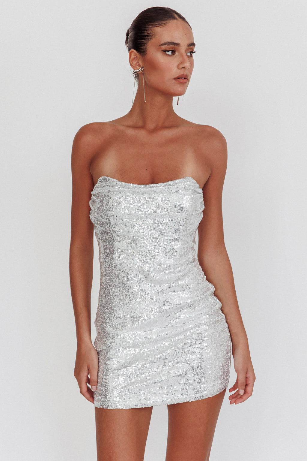 She Slays Strapless Sequin Dress Silver by Selfie Leslie Australia