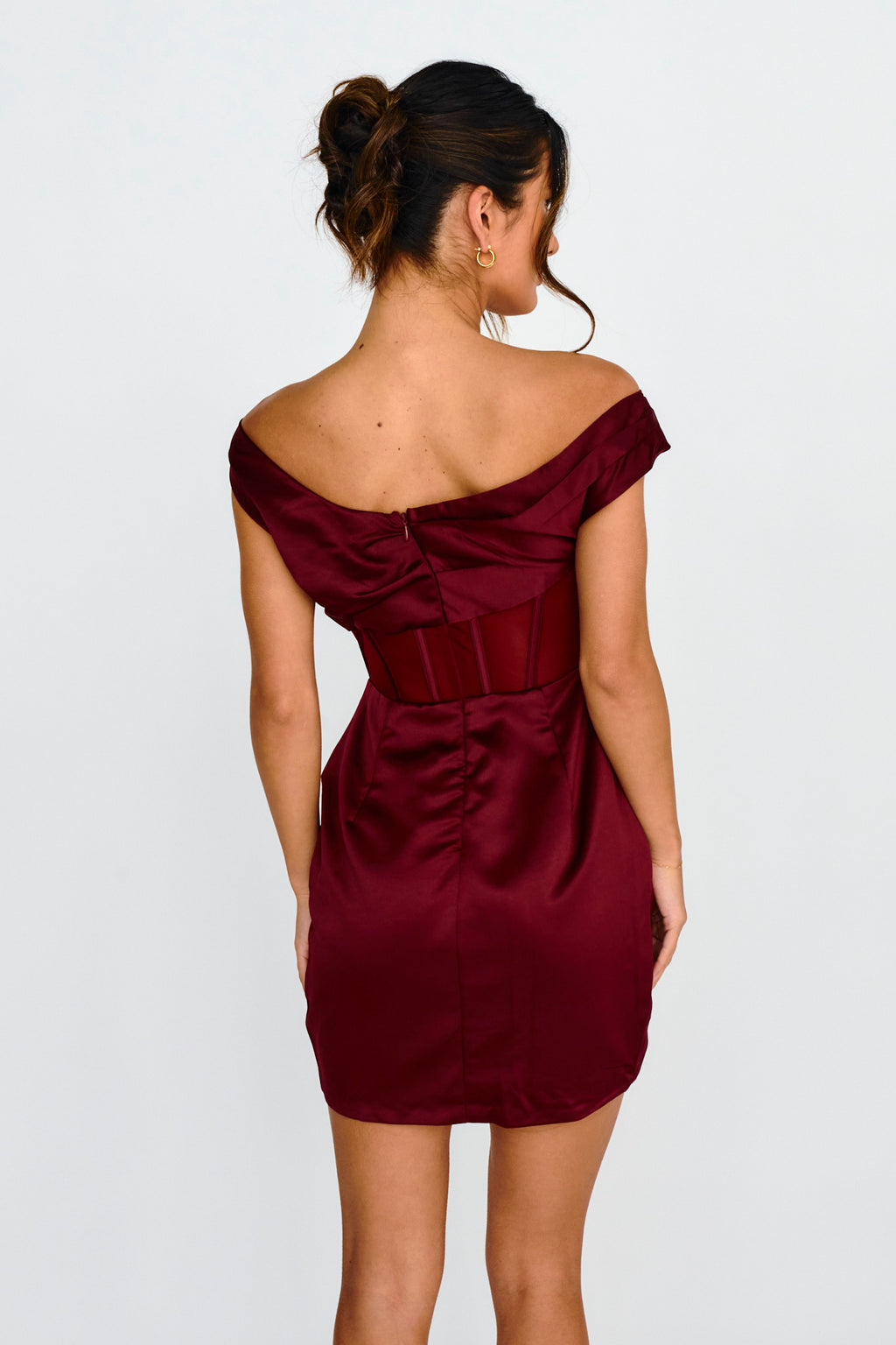 Lizetta Boat Neck Gathered Mini Dress Burgundy by Selfie Leslie Australia