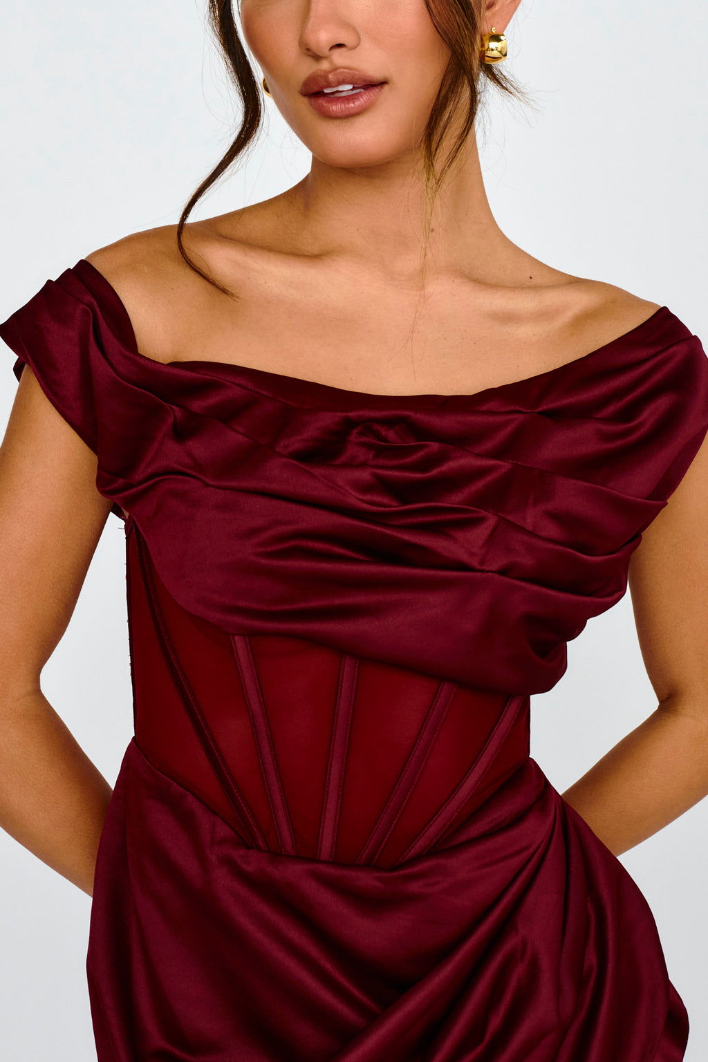 Lizetta Boat Neck Gathered Mini Dress Burgundy by Selfie Leslie Australia