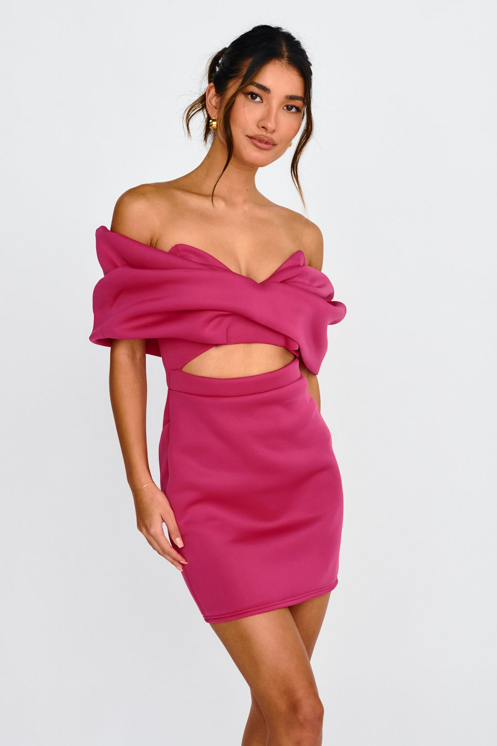 Lucky Star Off Shoulder Cut-Out Mini Dress Fuchsia by Selfie Leslie Australia
