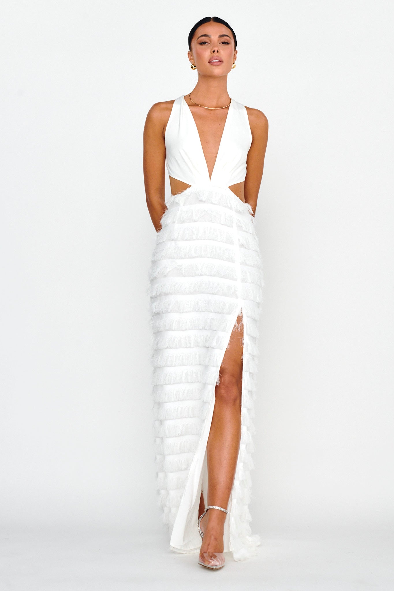 Bold Move Fringe Trim Maxi Dress Ivory by Selfie Leslie Australia