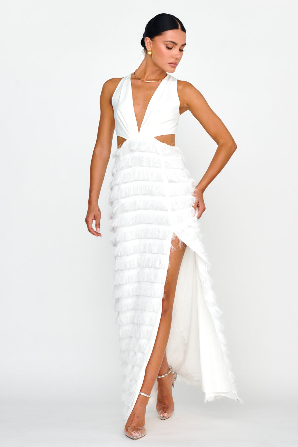 Bold Move Fringe Trim Maxi Dress Ivory by Selfie Leslie Australia