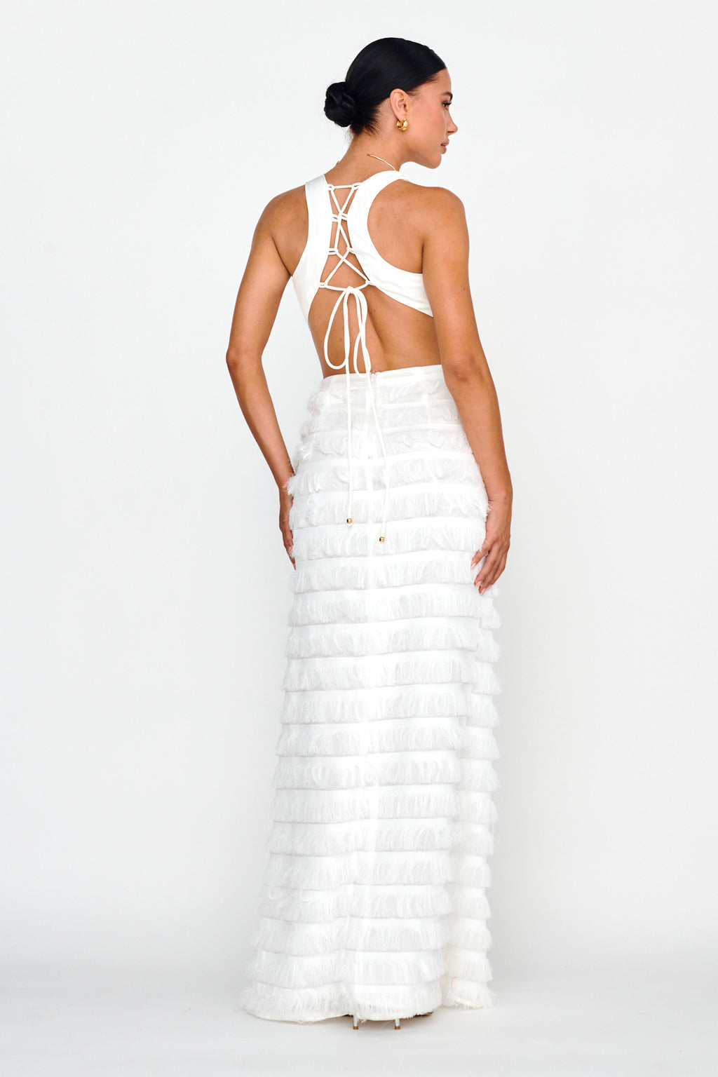 Bold Move Fringe Trim Maxi Dress Ivory by Selfie Leslie Australia
