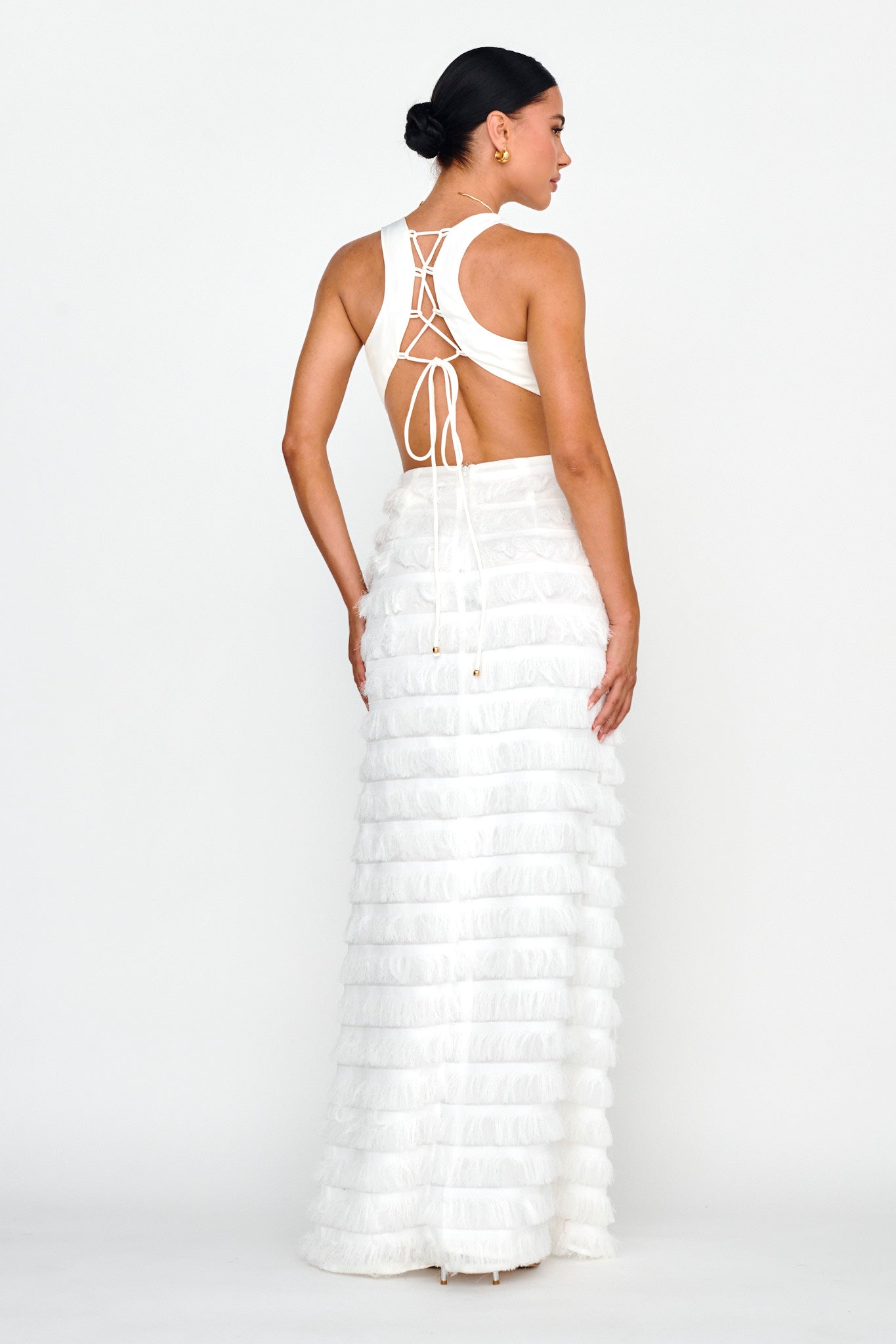 Bold Move Fringe Trim Maxi Dress Ivory by Selfie Leslie Australia