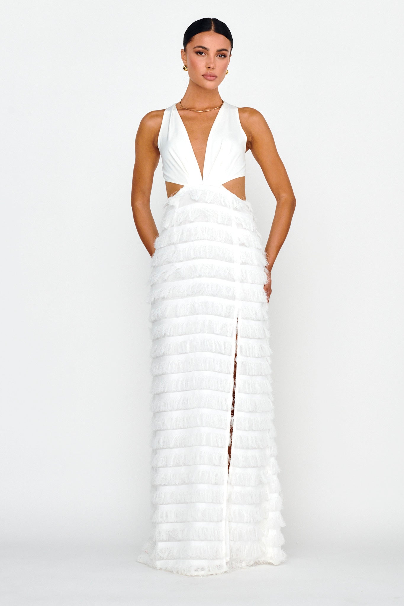 Bold Move Fringe Trim Maxi Dress Ivory by Selfie Leslie Australia