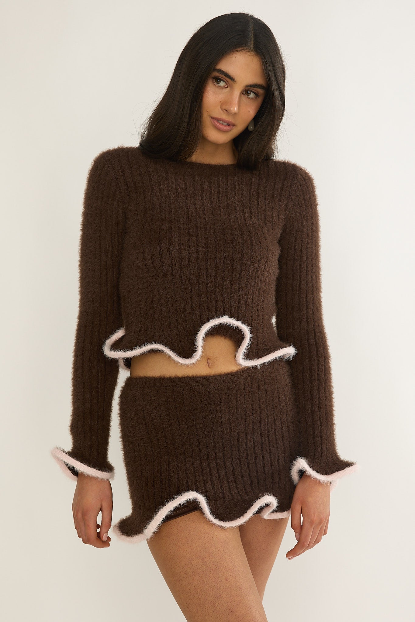Pailin Lettuce Edge Knit Skort Brown by Selfie Leslie Australia