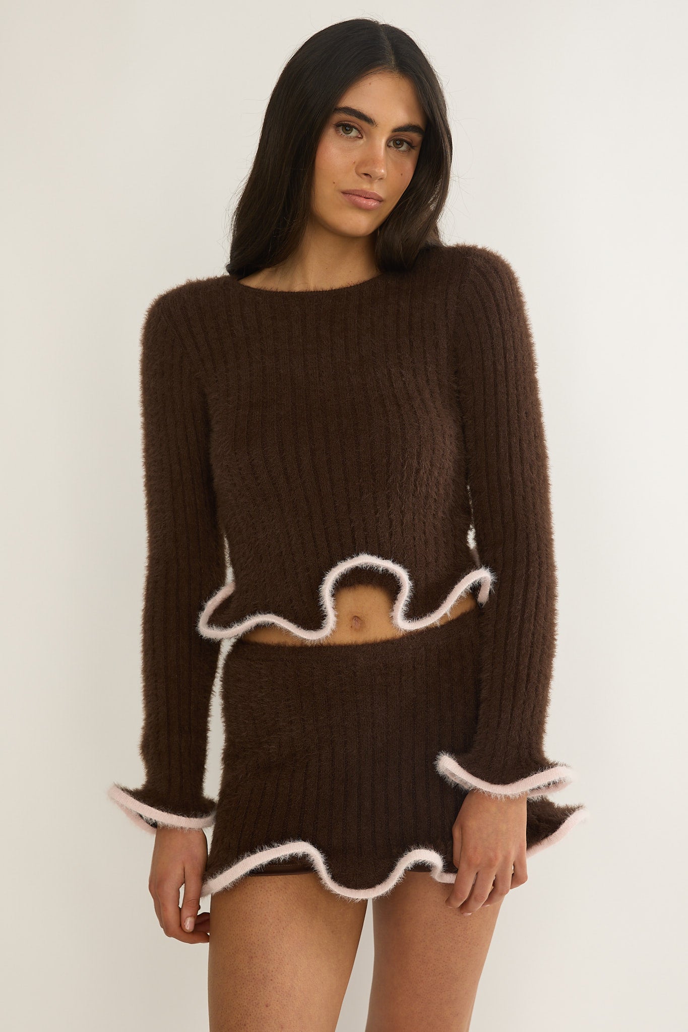Pailin Lettuce Edge Knit Top Brown by Selfie Leslie Australia