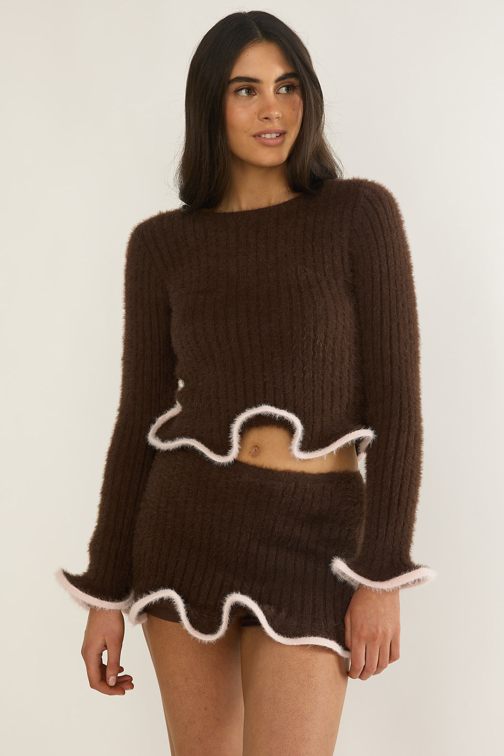 Pailin Lettuce Edge Knit Top Brown by Selfie Leslie Australia
