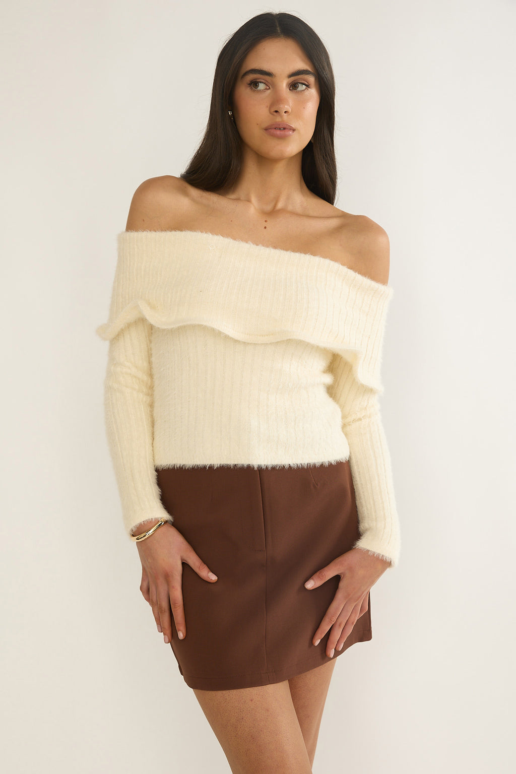 Orielle Wide Ruffle Off-Shoulder Top Cream by Selfie Leslie Australia